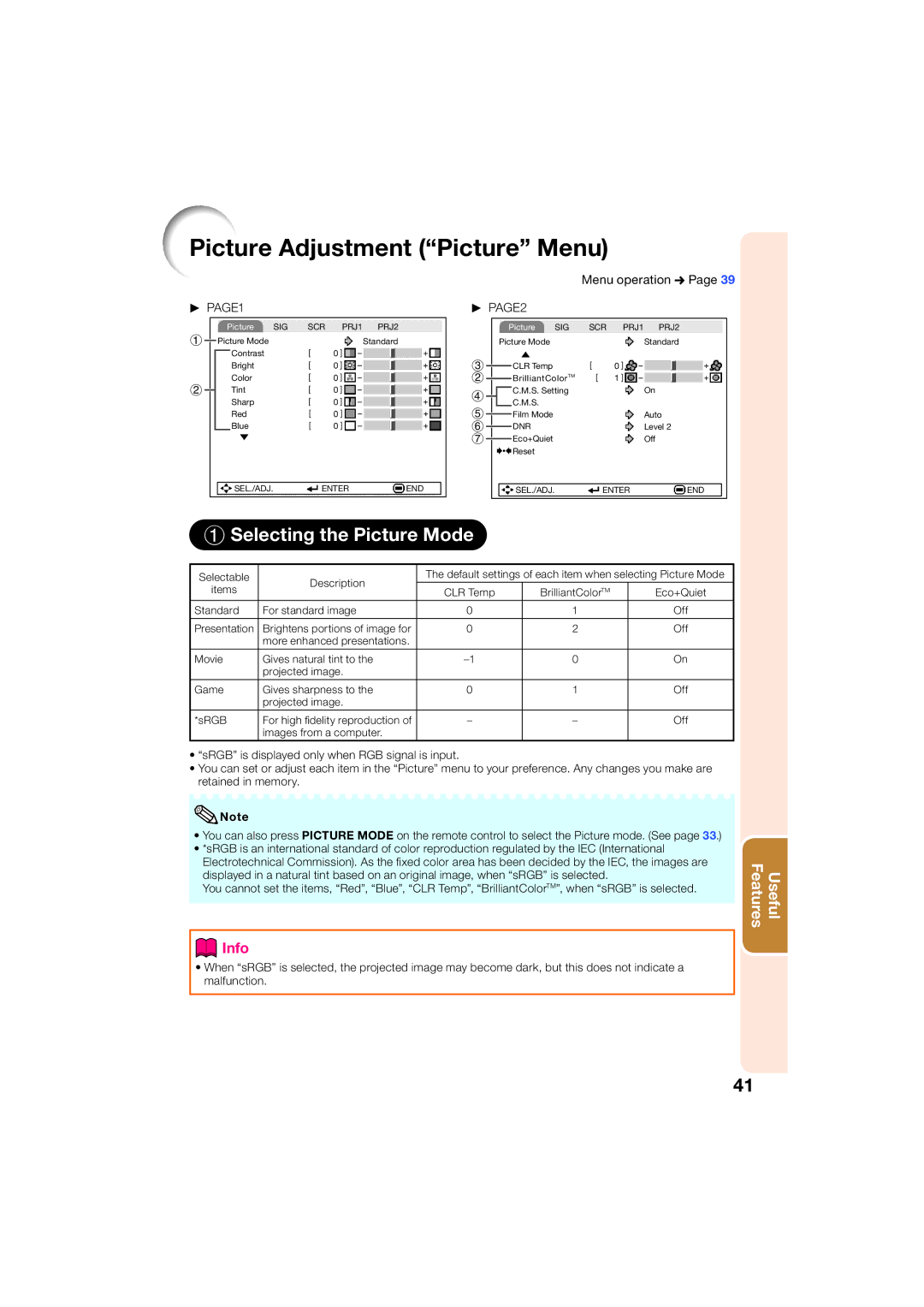 Sharp XR-50S, XR-55X appendix Picture Adjustment Picture Menu, Selecting the Picture Mode, Menu operation n 