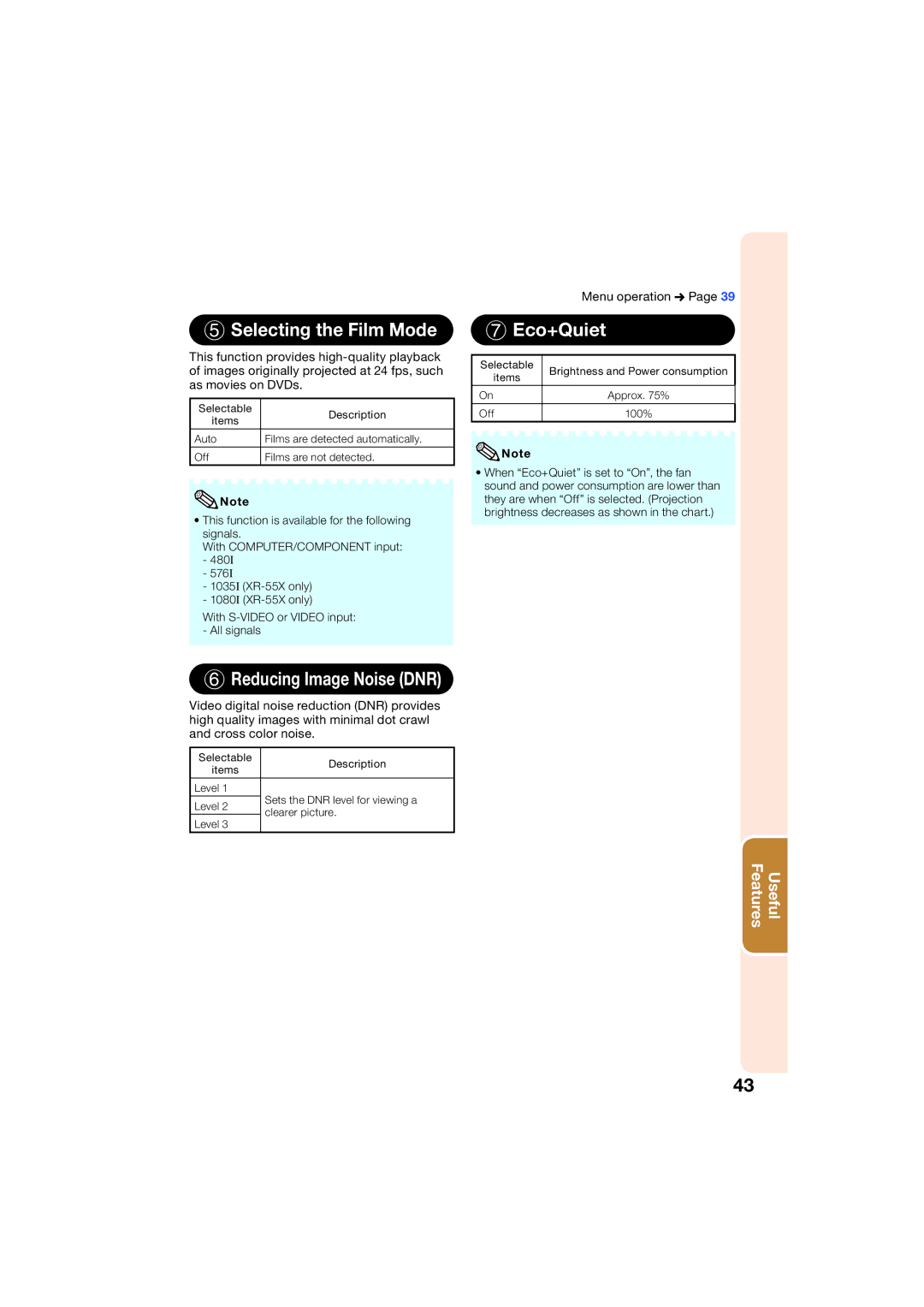 Sharp XR-50S, XR-55X appendix Selecting the Film Mode, Eco+Quiet, Reducing Image Noise DNR 