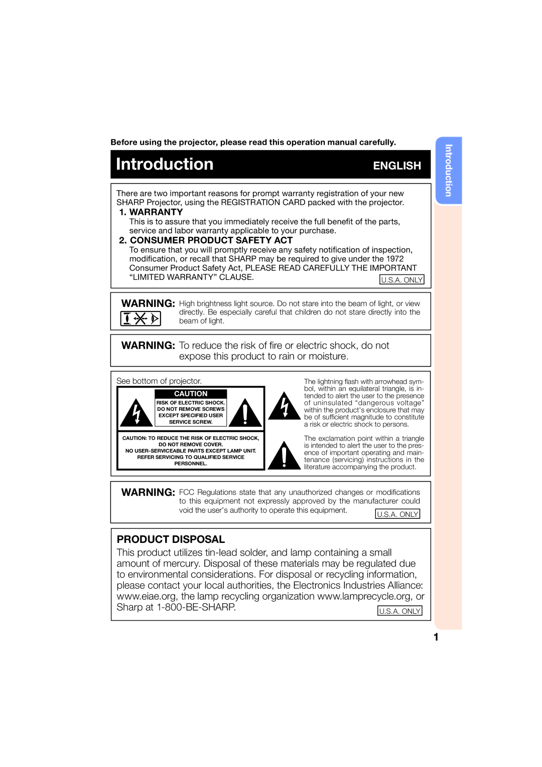 Sharp XR-50S, XR-55X appendix IntroductionENGLISH, Void the users authority to operate this equipment 