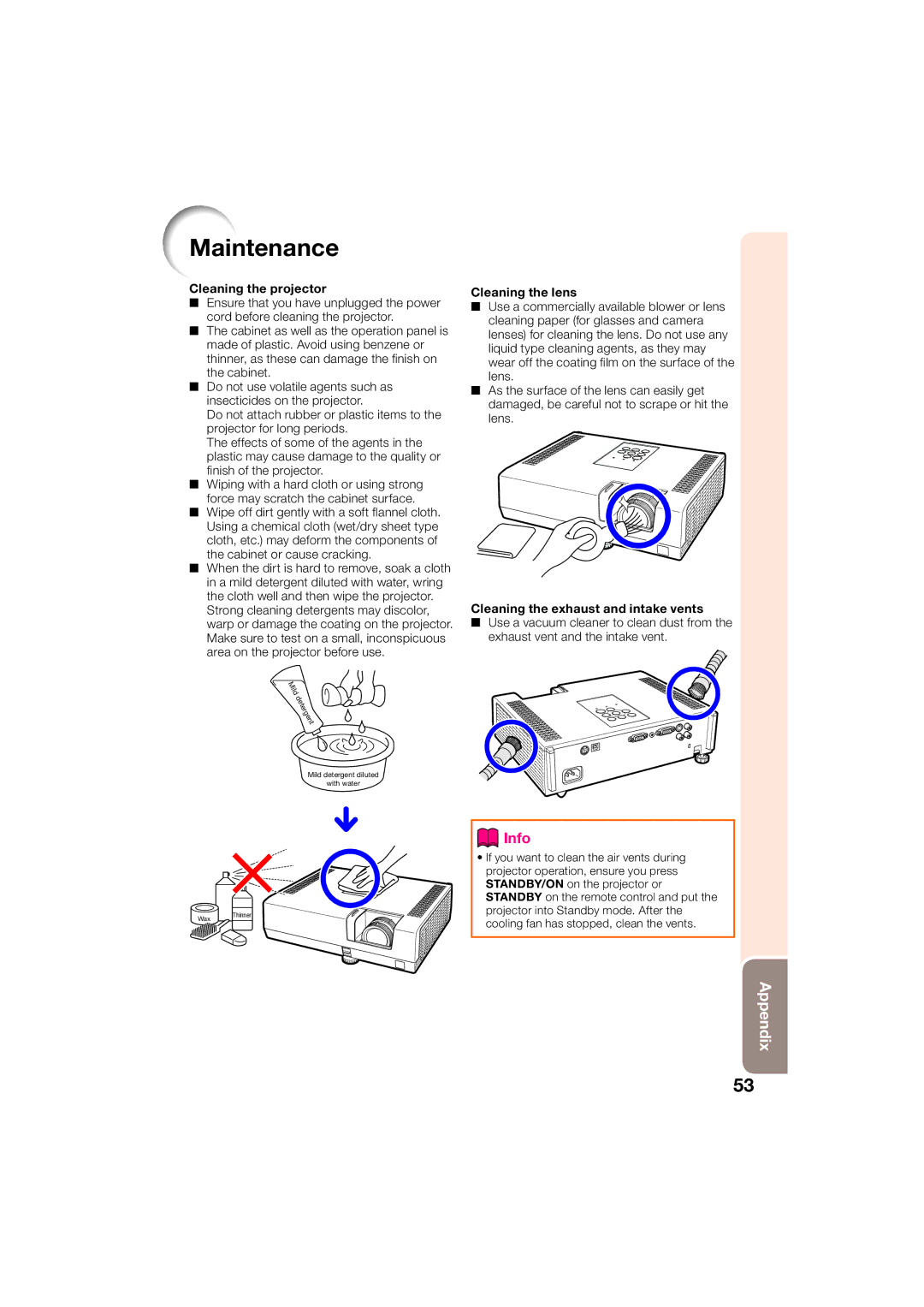 Sharp XR-50S, XR-55X appendix Maintenance, Cleaning the projector 