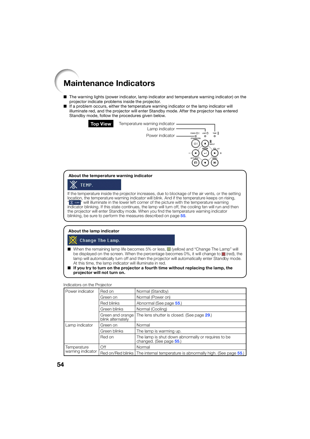 Sharp XR-55X, XR-50S appendix Maintenance Indicators, About the temperature warning indicator 