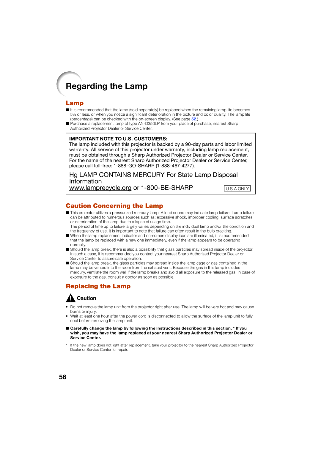 Sharp XR-55X, XR-50S appendix Regarding the Lamp, Replacing the Lamp 