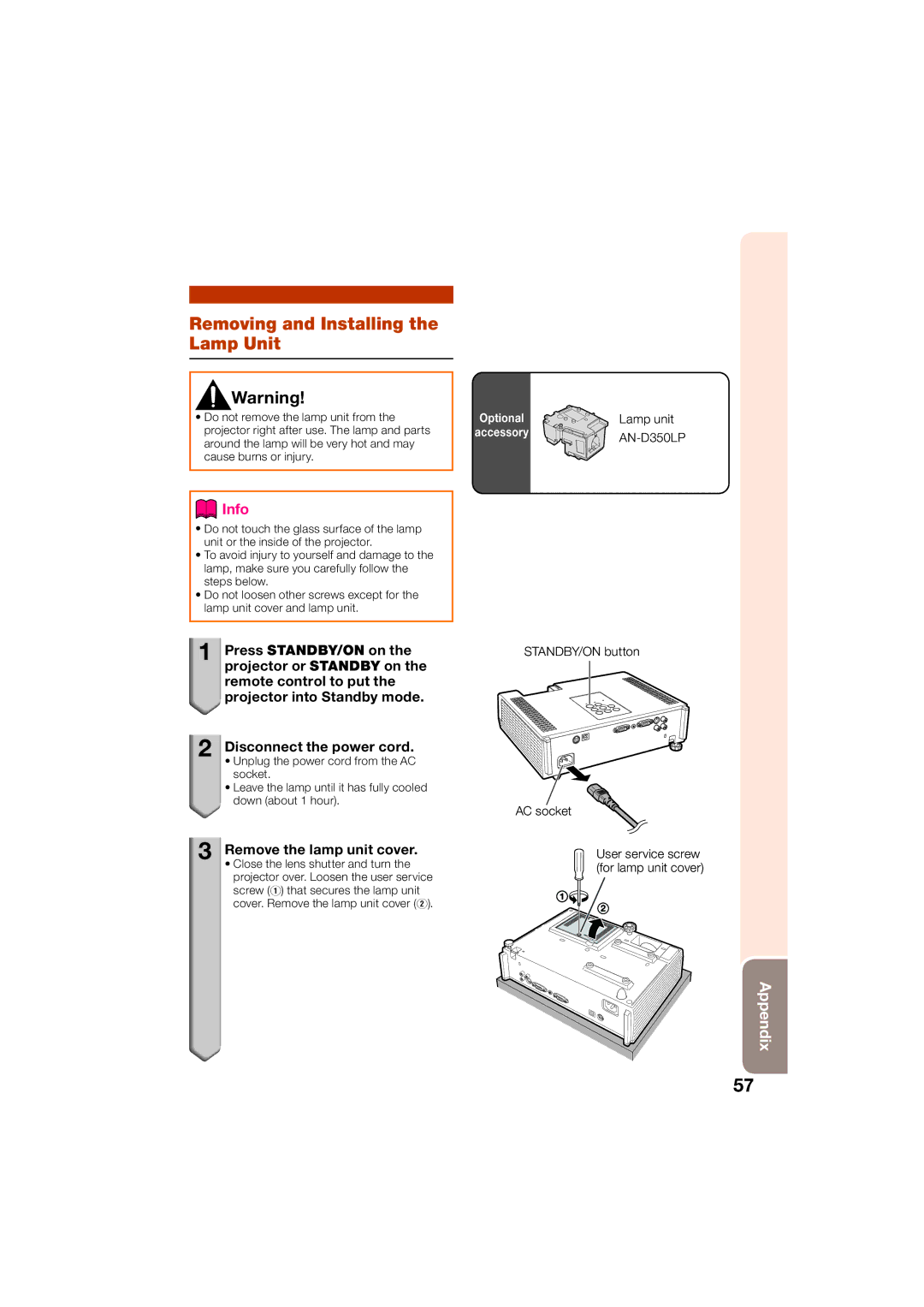 Sharp XR-50S Removing and Installing the Lamp Unit, Remove the lamp unit cover, Lamp unit, STANDBY/ON button AC socket 