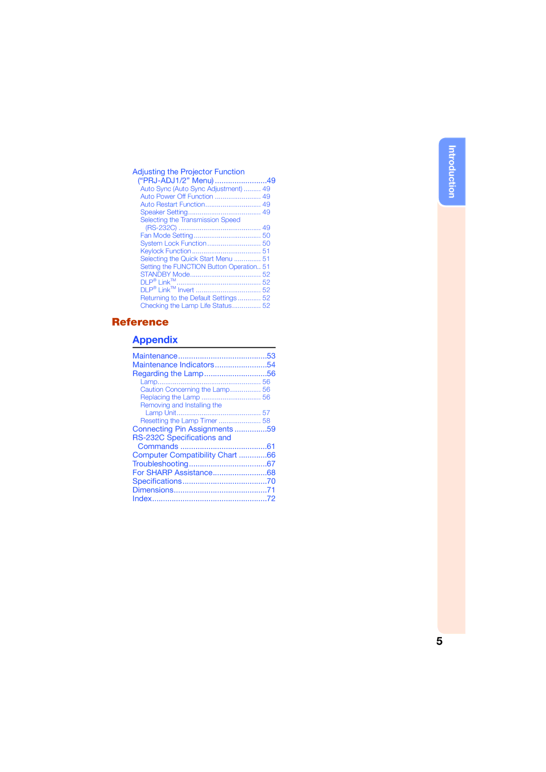 Sharp XR-50S, XR-55X appendix Reference, Adjusting the Projector Function PRJ-ADJ1/2 Menu 