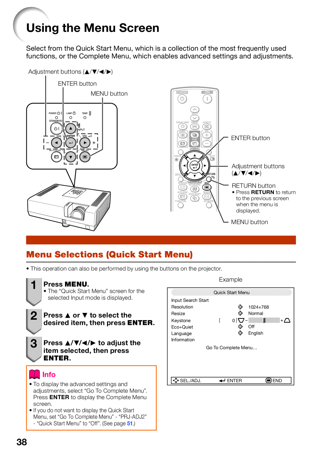 Sharp XR-55X, XR-50S appendix Using the Menu Screen, Menu Selections Quick Start Menu, Press MENU, Info 