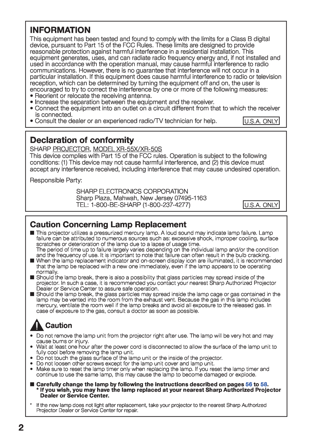 Sharp XR-55X, XR-50S appendix Information, Declaration of conformity, Caution Concerning Lamp Replacement 