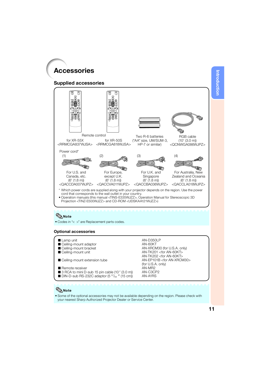 Sharp XR-50S, XR-55X appendix Accessories, Supplied accessories, Optional accessories, Introduction 
