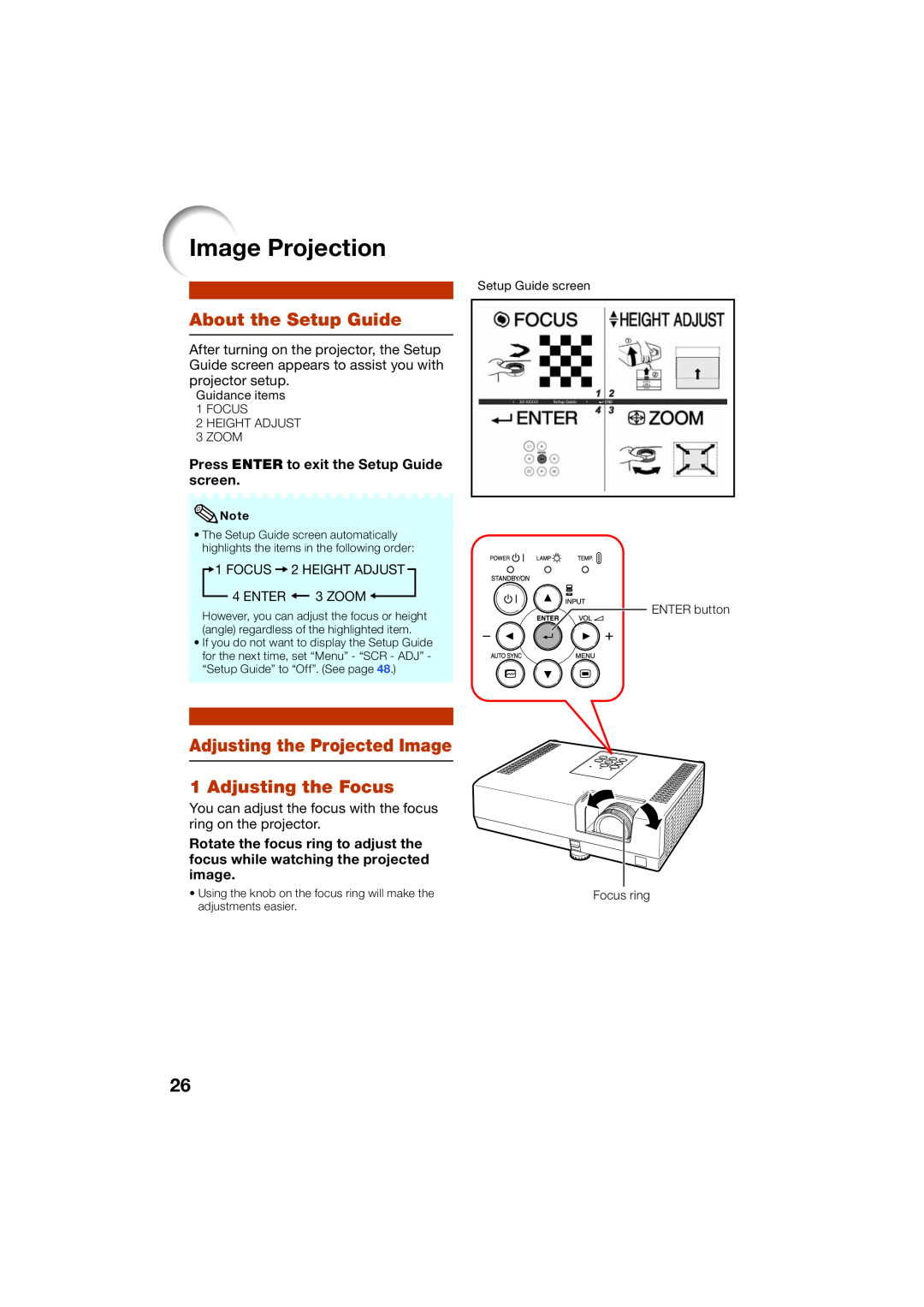 Sharp XR-55X Image Projection, About the Setup Guide, Adjusting the Projected Image 1 Adjusting the Focus, Enter, Zoom 