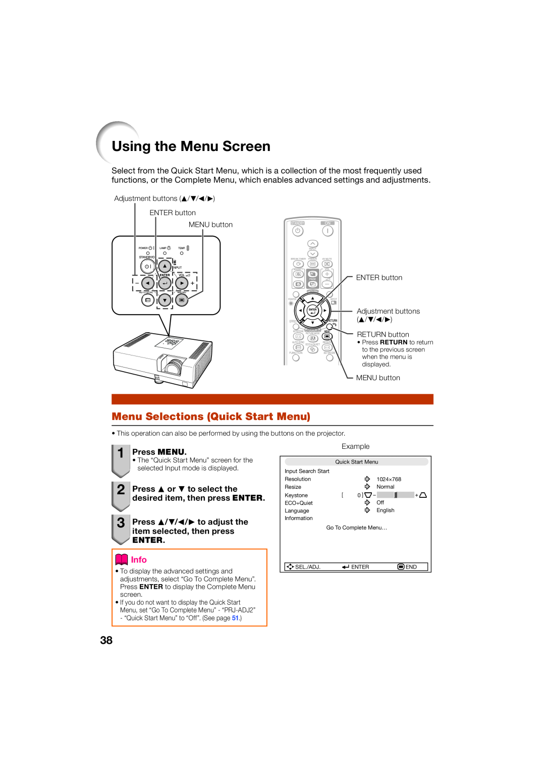 Sharp XR-55X, XR-50S appendix Using the Menu Screen, Menu Selections Quick Start Menu, Press MENU, Info 