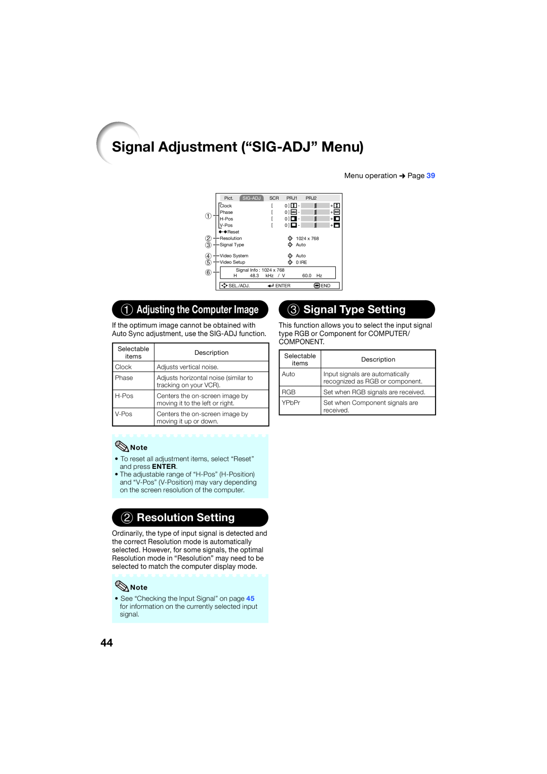 Sharp XR-55X Signal Adjustment “SIG-ADJ” Menu, Signal Type Setting, Resolution Setting, Adjusting the Computer Image 