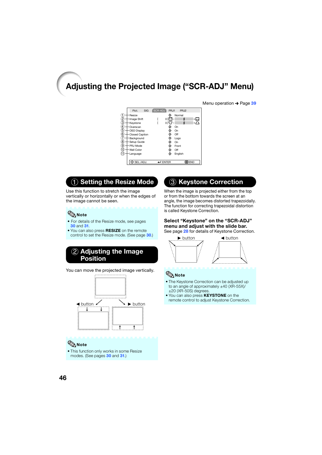 Sharp XR-55X, XR-50S appendix Adjusting the Projected Image “SCR-ADJ” Menu, Setting the Resize Mode, Keystone Correction 