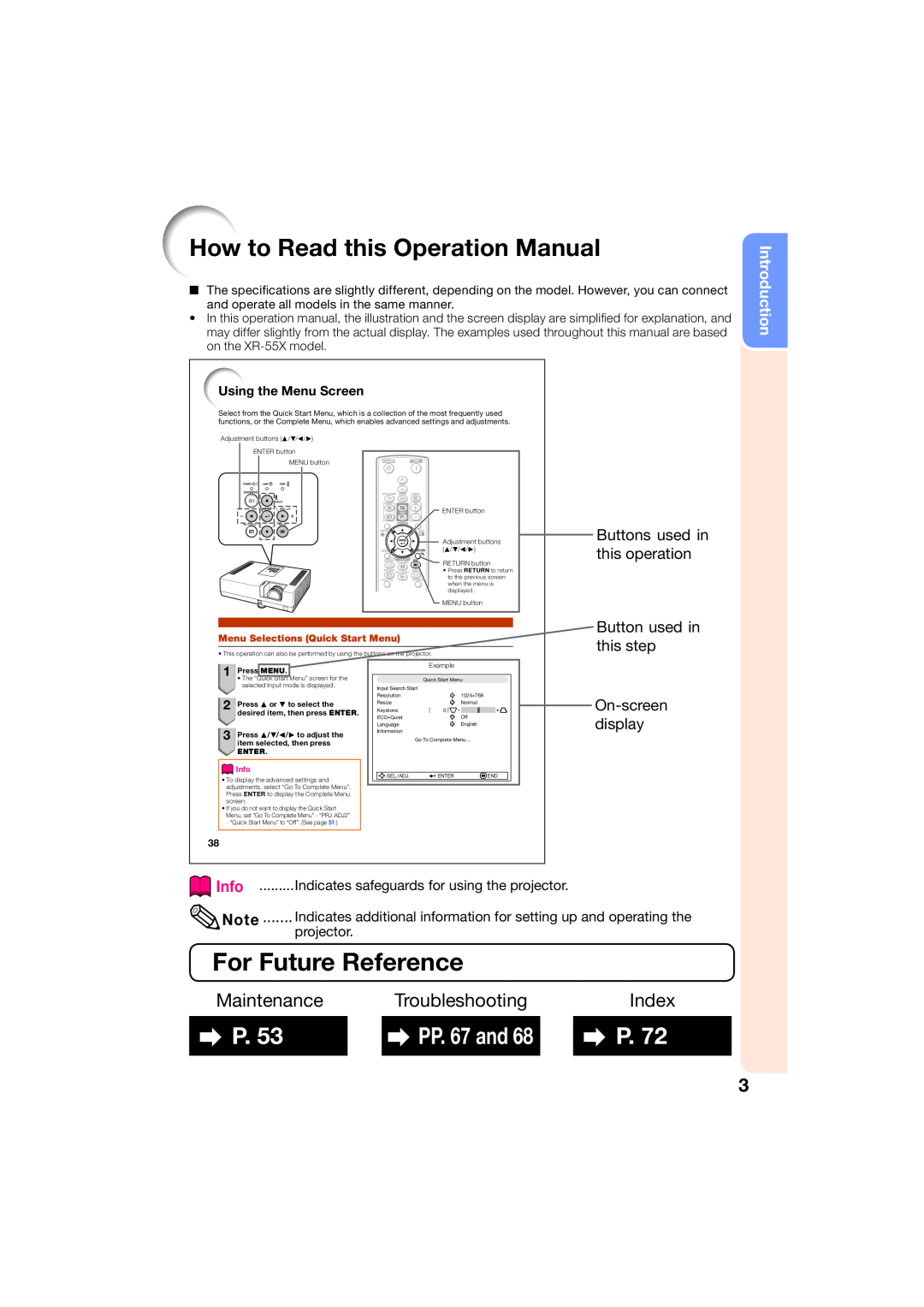 Sharp XR-50S How to Read this Operation Manual, For Future Reference, Maintenance, Troubleshooting, Index, PP. 67 and 