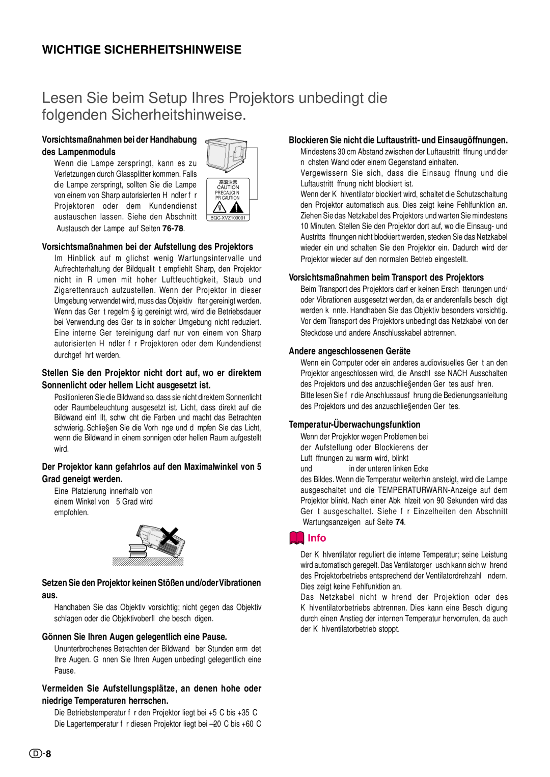 Sharp XV-Z10000 Vorsichtsmaßnahmen bei der Handhabung des Lampenmoduls, Gönnen Sie Ihren Augen gelegentlich eine Pause 