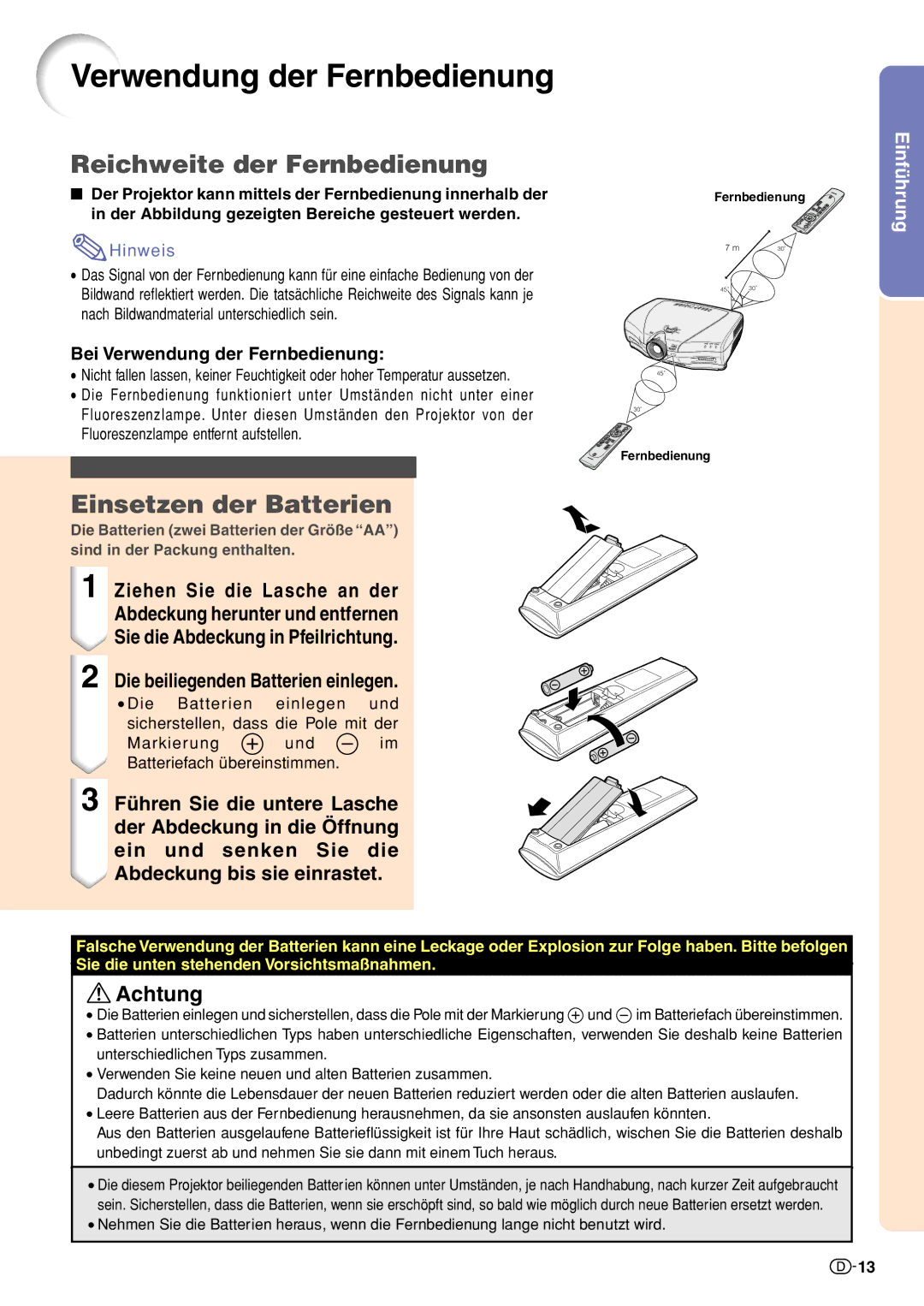 Sharp XV-Z10000 operation manual Verwendung der Fernbedienung, Reichweite der Fernbedienung, Einsetzen der Batterien 