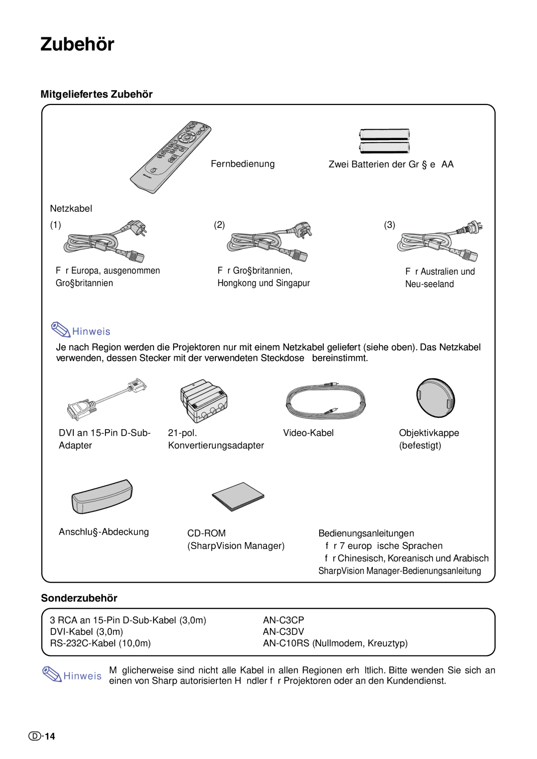 Sharp XV-Z10000 operation manual Mitgeliefertes Zubehör, Sonderzubehör 