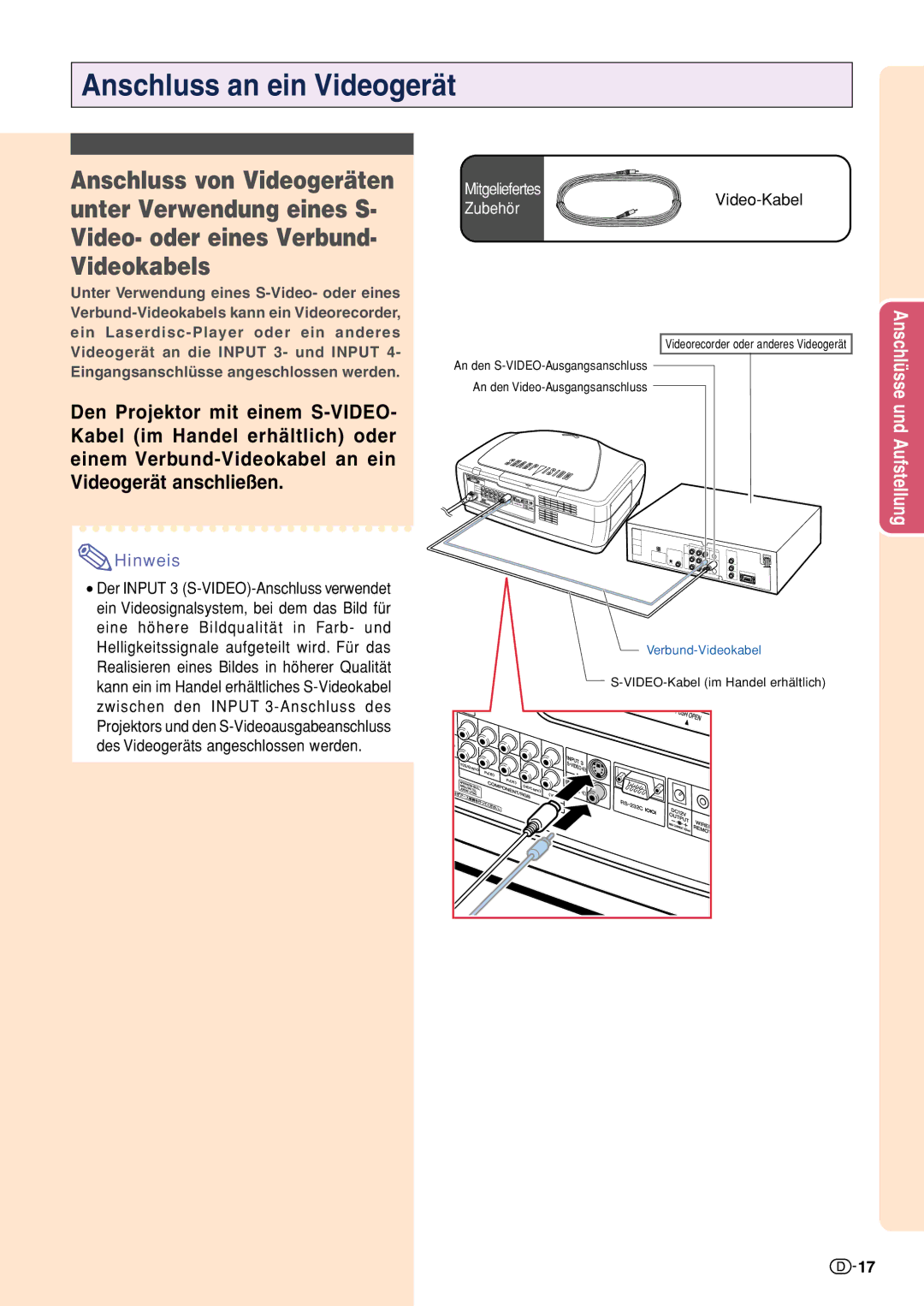 Sharp XV-Z10000 operation manual Anschluss an ein Videogerät, Anschluss von Videogeräten 