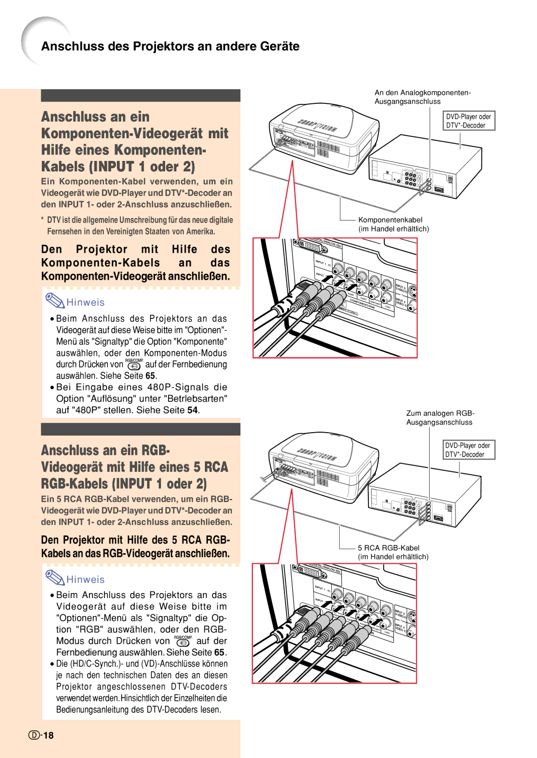 Sharp XV-Z10000 operation manual Anschluss an ein RGB, Videogerät mit Hilfe eines 5 RCA RGB-Kabels Input 1 oder 