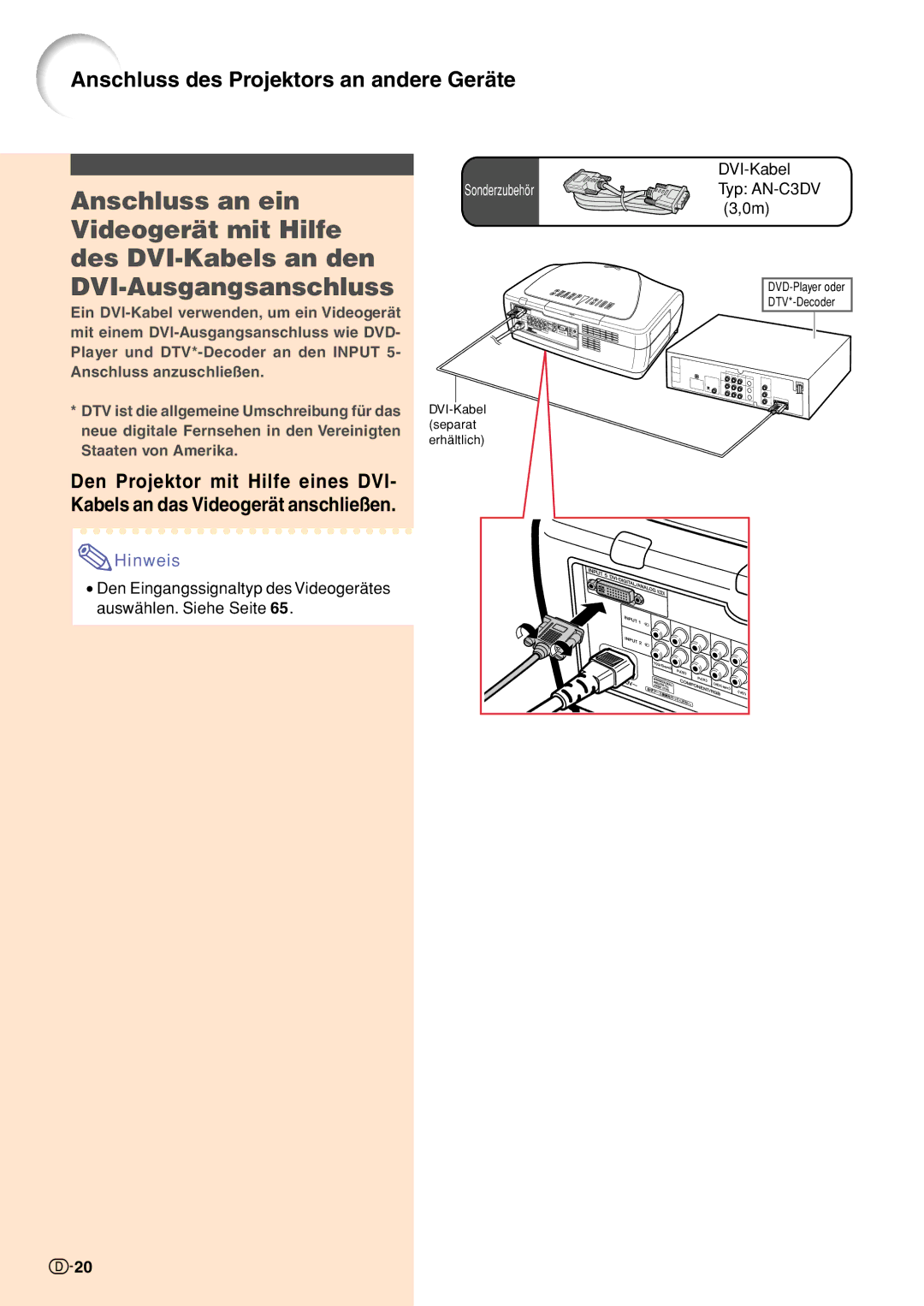 Sharp XV-Z10000 operation manual DVI-Kabel, Typ AN-C3DV 