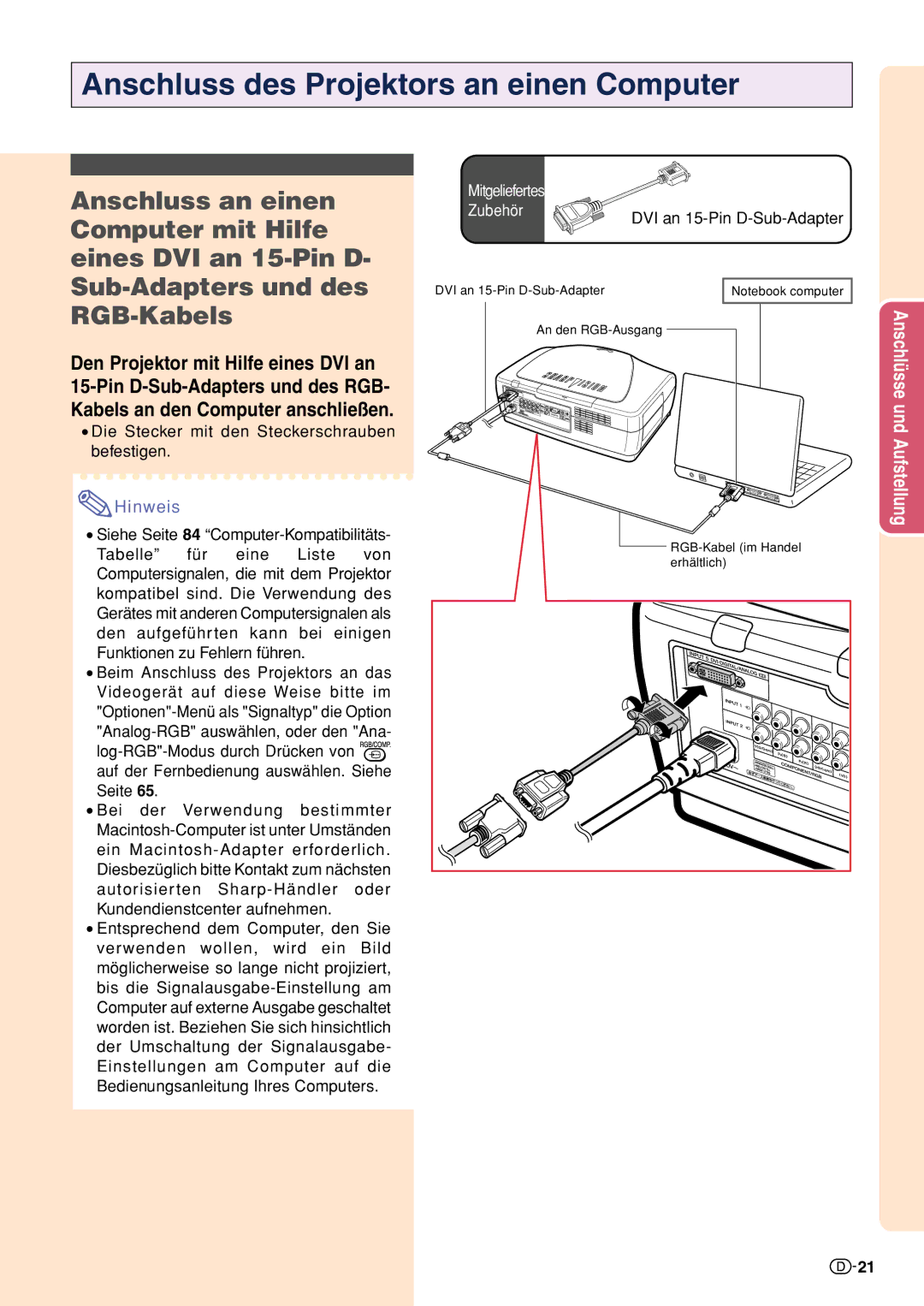 Sharp XV-Z10000 operation manual Die Stecker mit den Steckerschrauben befestigen, DVI an 15-Pin D-Sub-Adapter 