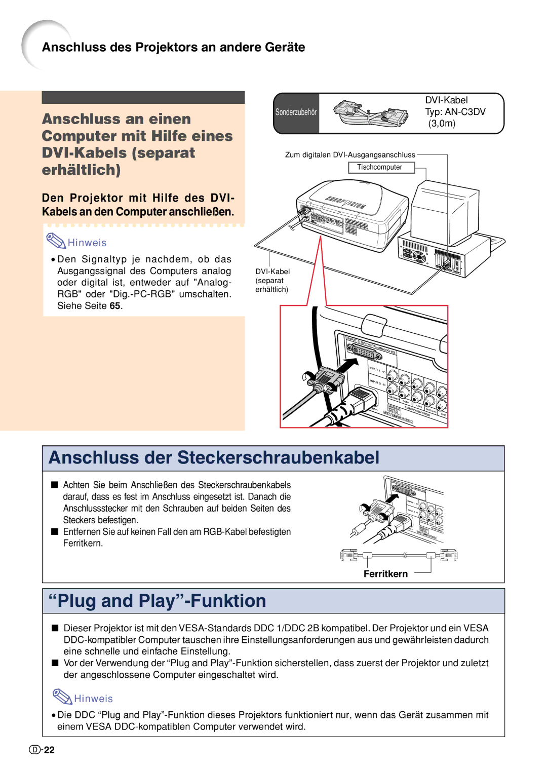 Sharp XV-Z10000 operation manual Anschluss der Steckerschraubenkabel, Ferritkern 