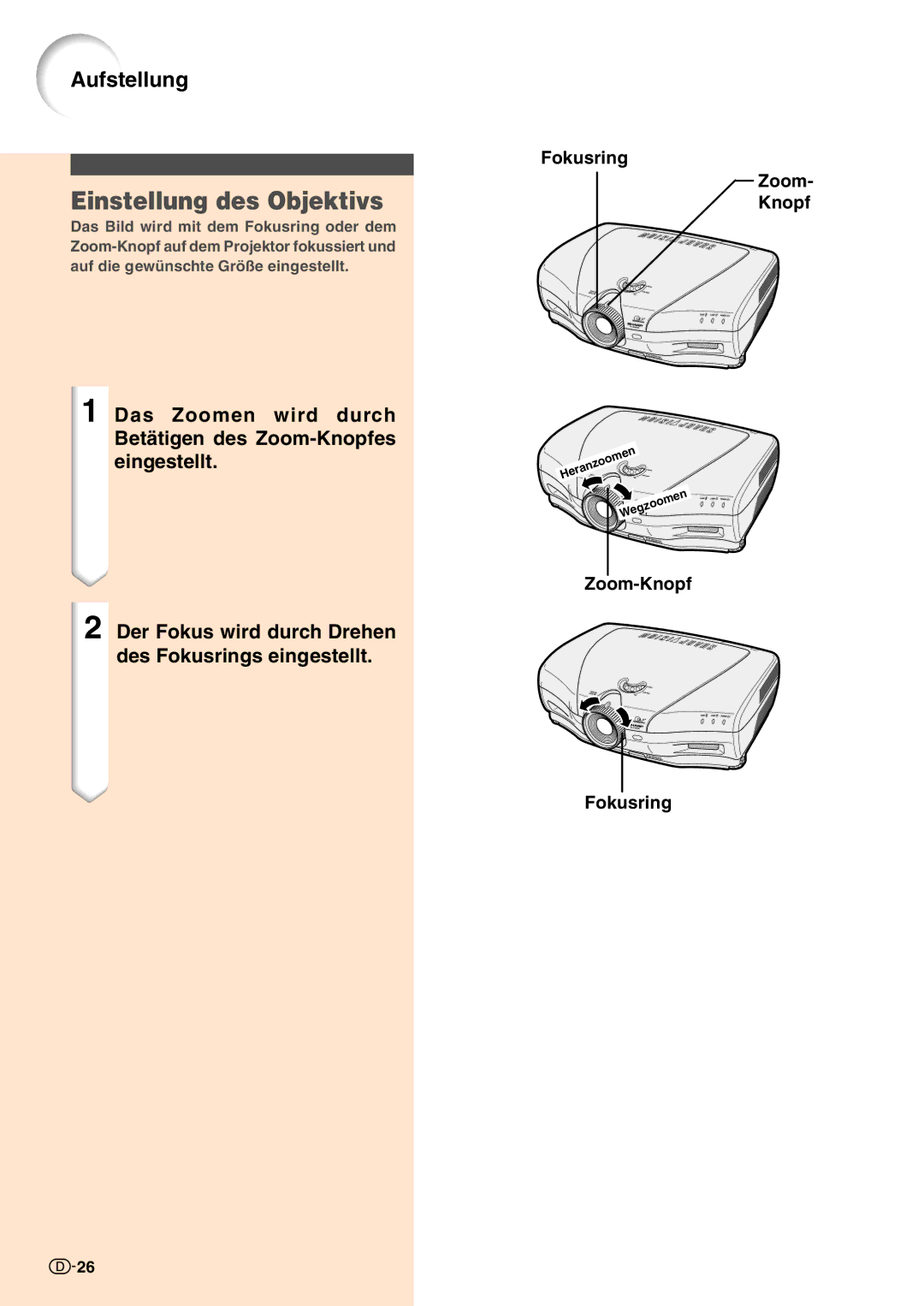 Sharp XV-Z10000 operation manual Einstellung des Objektivs, Fokusring Zoom Knopf, Zoom-Knopf Fokusring 