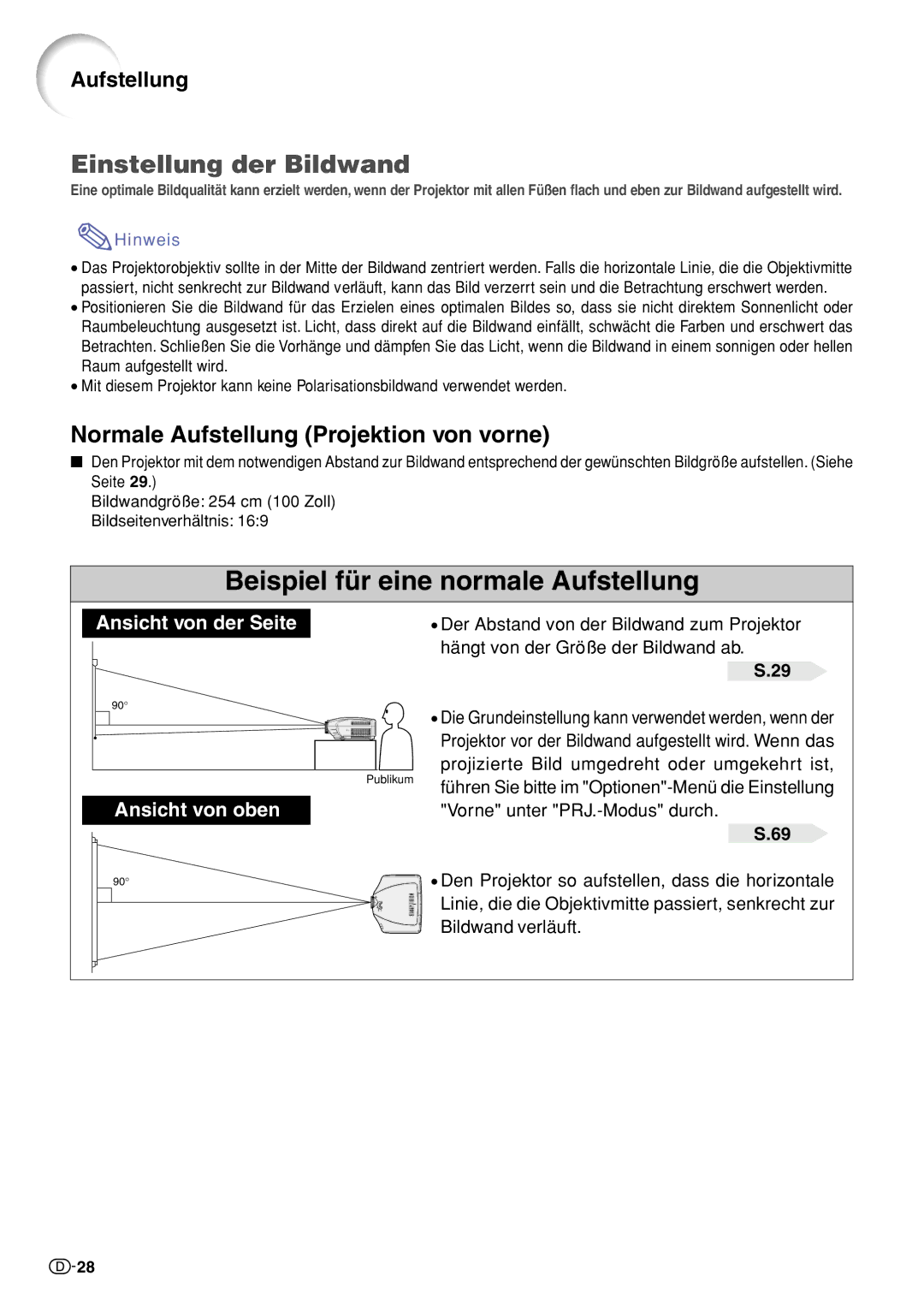 Sharp XV-Z10000 operation manual Einstellung der Bildwand, Normale Aufstellung Projektion von vorne 