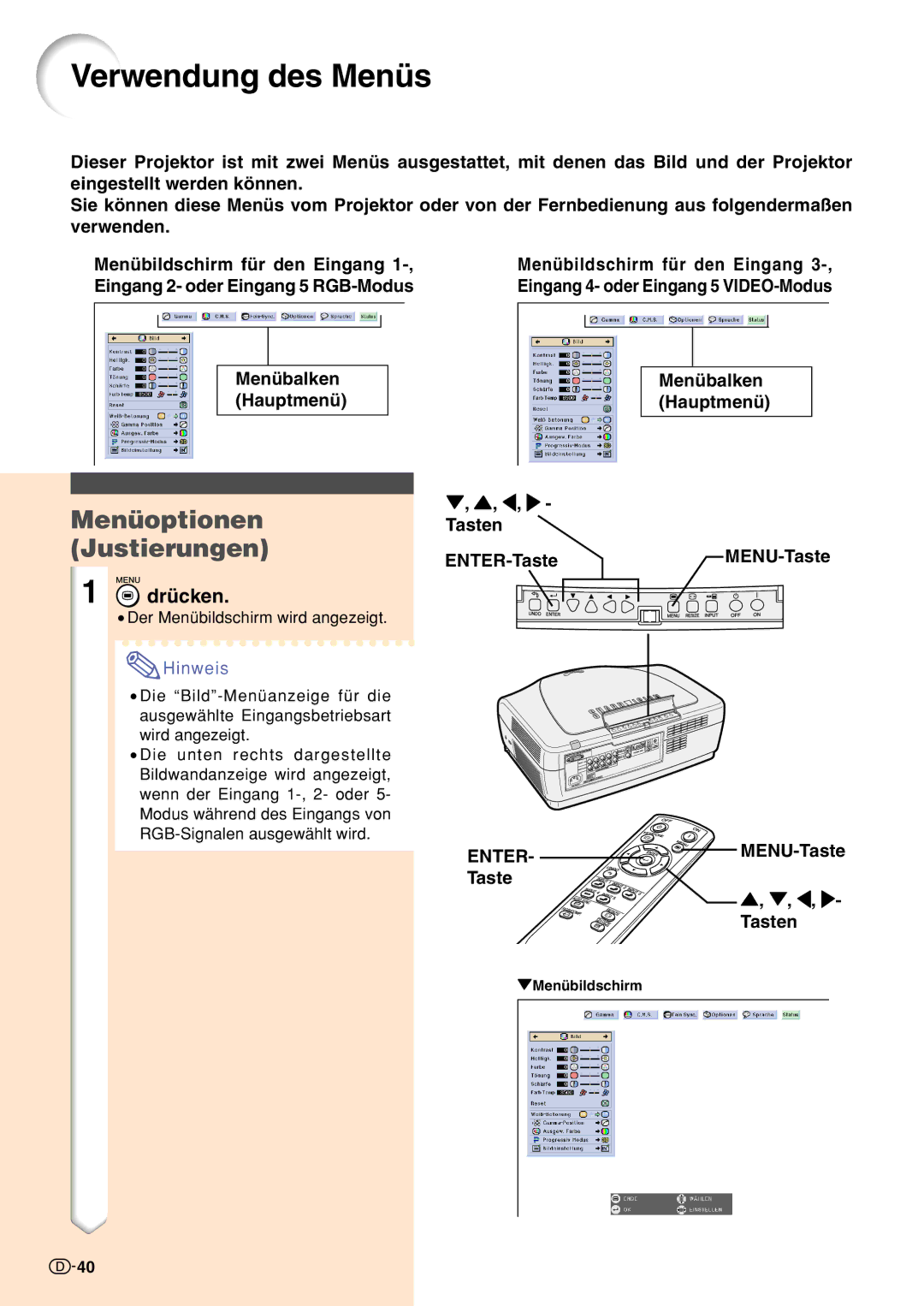 Sharp XV-Z10000 operation manual Verwendung des Menüs, Menüoptionen Justierungen, Menübalken Hauptmenü, Tasten ENTER-Taste 