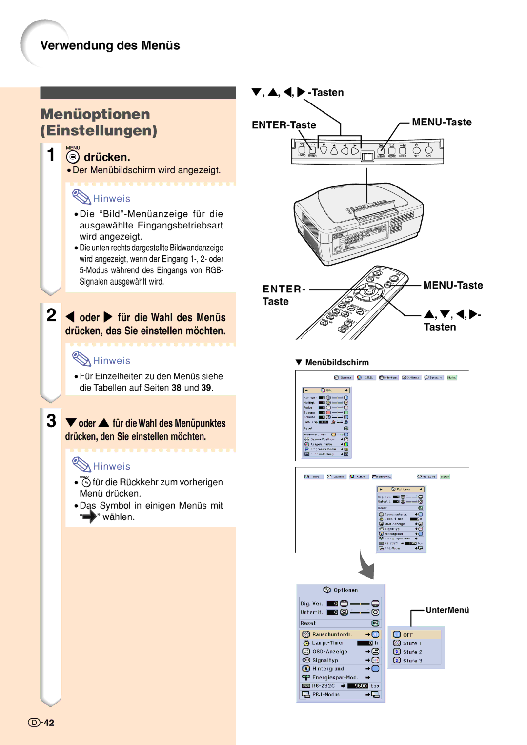 Sharp XV-Z10000 operation manual Menüoptionen Einstellungen, Tasten ENTER-TasteMENU-Taste T E R 