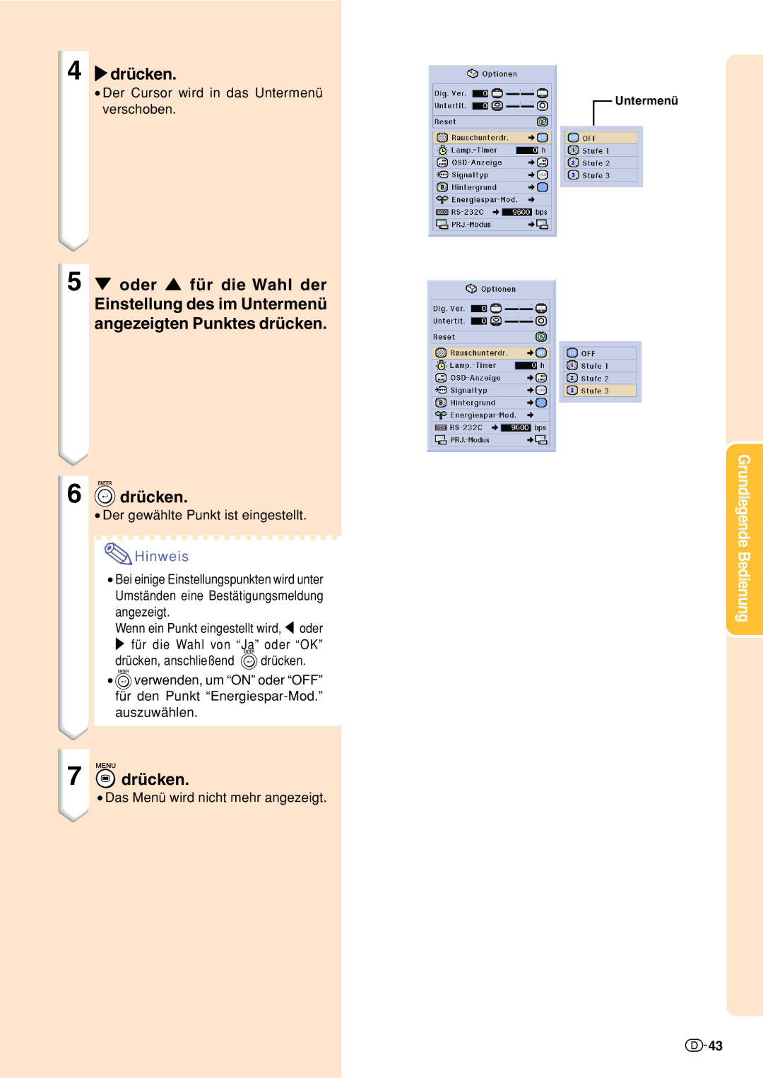 Sharp XV-Z10000 operation manual Der Cursor wird in das Untermenü verschoben, Der gewählte Punkt ist eingestellt, Angezeigt 