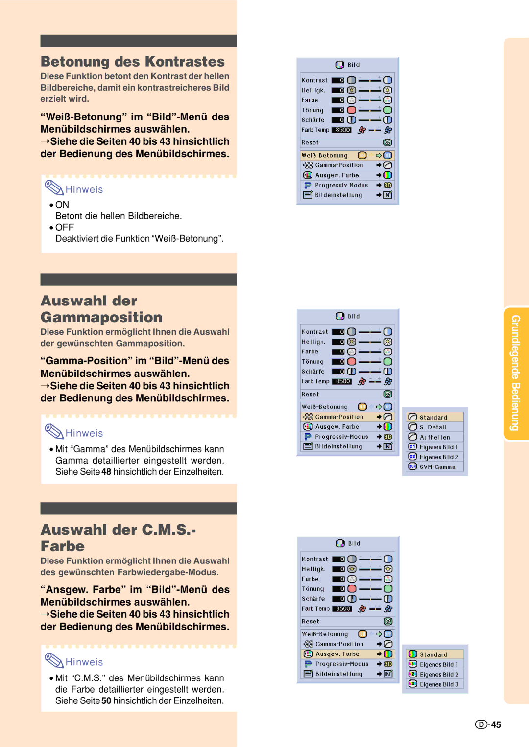 Sharp XV-Z10000 operation manual Betonung des Kontrastes, Auswahl der Gammaposition, Auswahl der C.M.S.- Farbe 