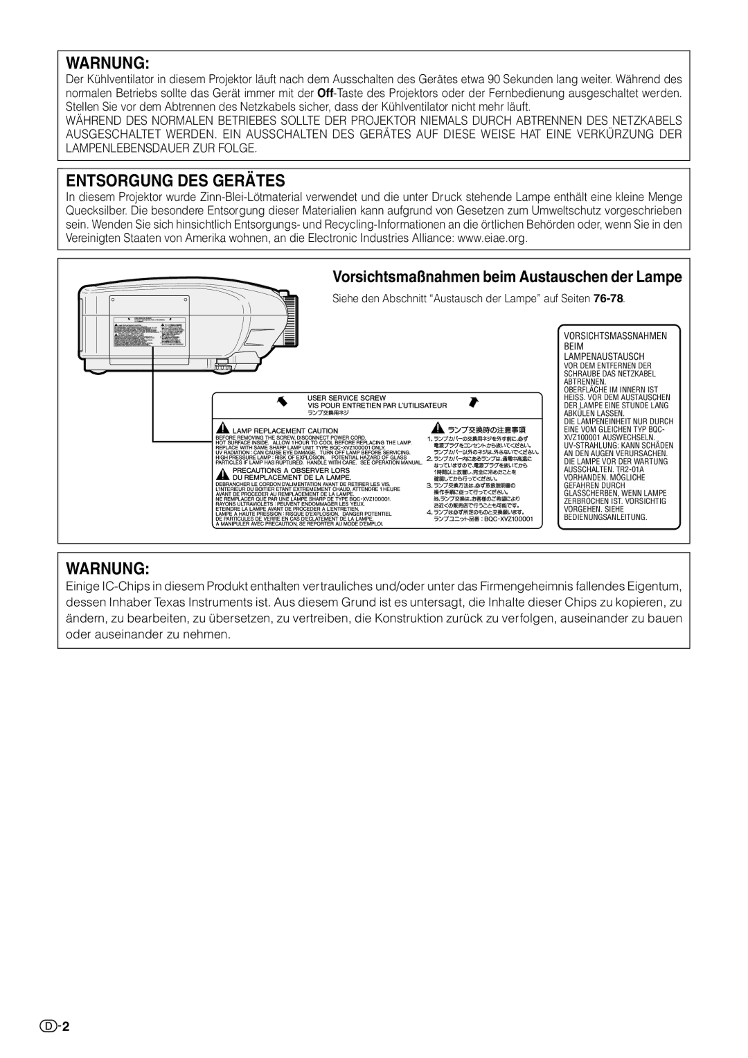 Sharp XV-Z10000 operation manual Warnung, Siehe den Abschnitt Austausch der Lampe auf Seiten 