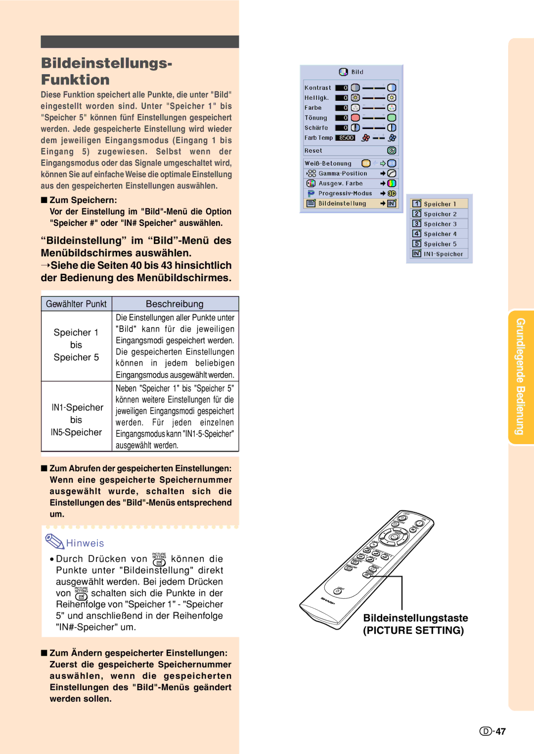 Sharp XV-Z10000 operation manual Bildeinstellungs Funktion, Bildeinstellungstaste 