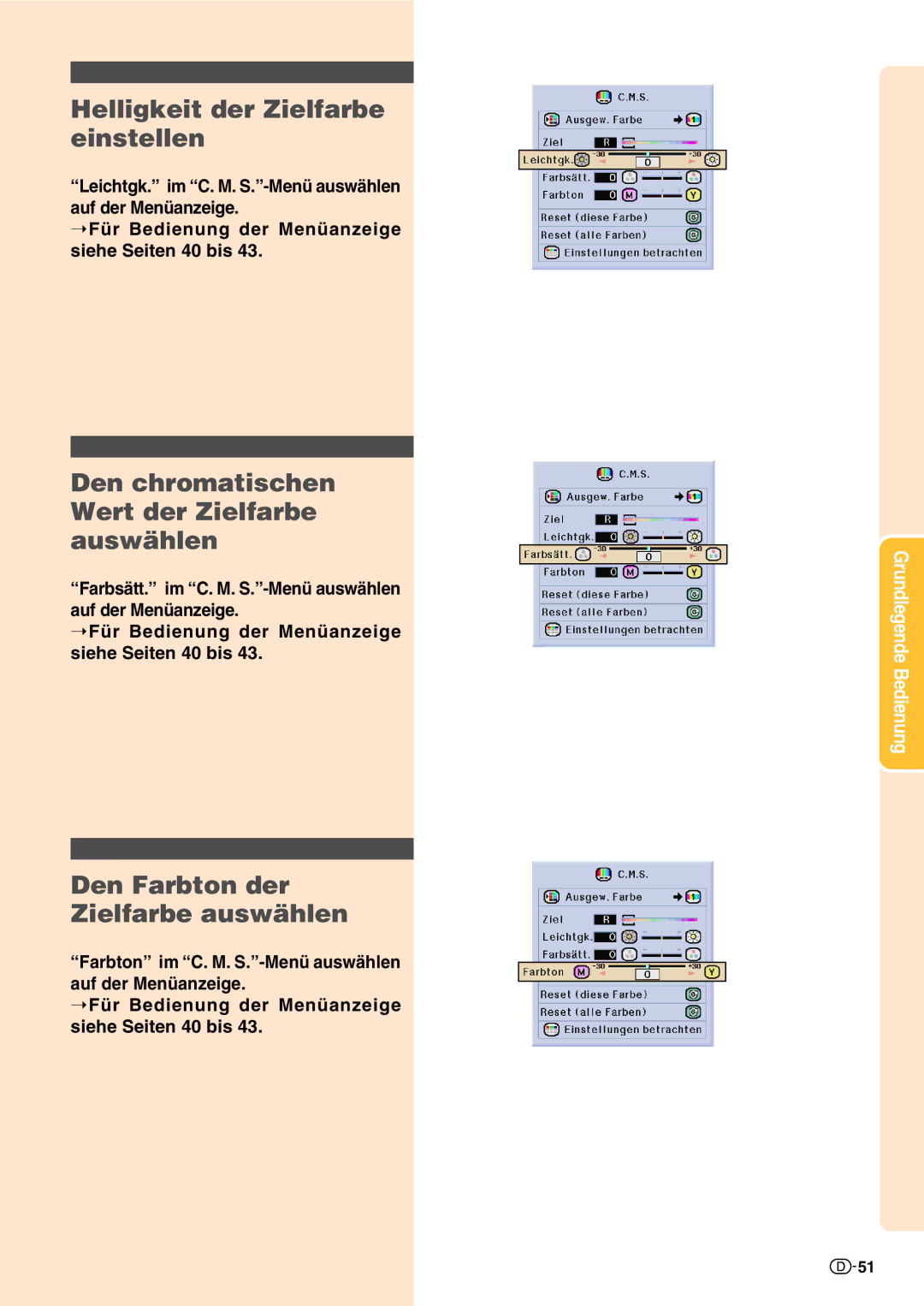 Sharp XV-Z10000 operation manual Helligkeit der Zielfarbe einstellen, Den chromatischen Wert der Zielfarbe auswählen 