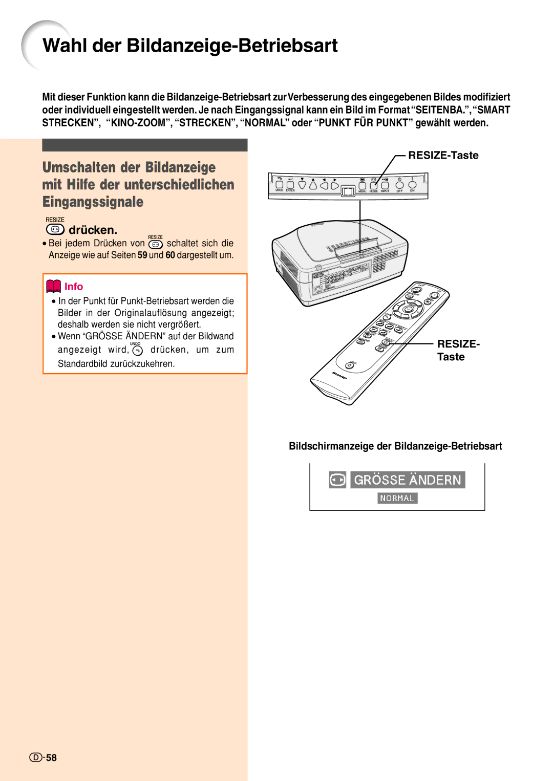 Sharp XV-Z10000 Wahl der Bildanzeige-Betriebsart, RESIZE-Taste, Taste Bildschirmanzeige der Bildanzeige-Betriebsart 