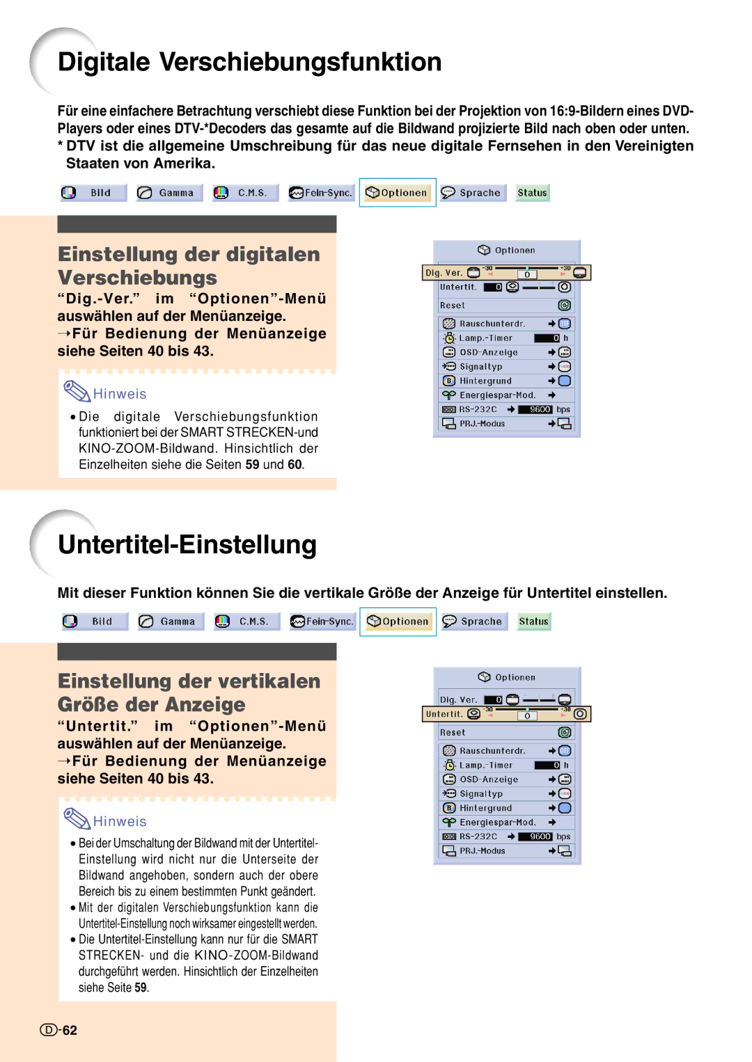 Sharp XV-Z10000 Digitale Verschiebungsfunktion, Untertitel-Einstellung, Einstellung der digitalen Verschiebungs 