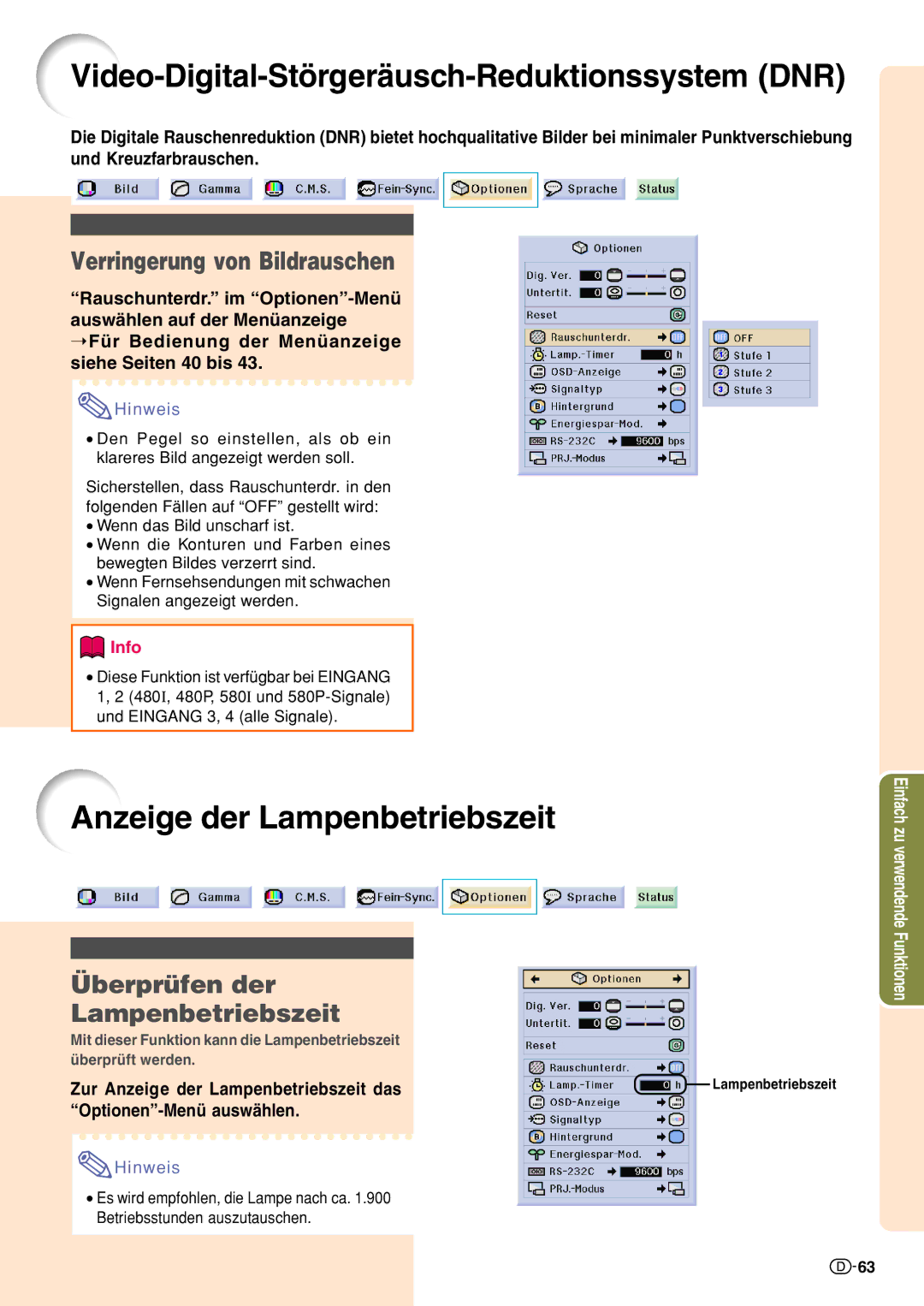 Sharp XV-Z10000 operation manual Video-Digital-Störgeräusch-Reduktionssystem DNR, Anzeige der Lampenbetriebszeit 