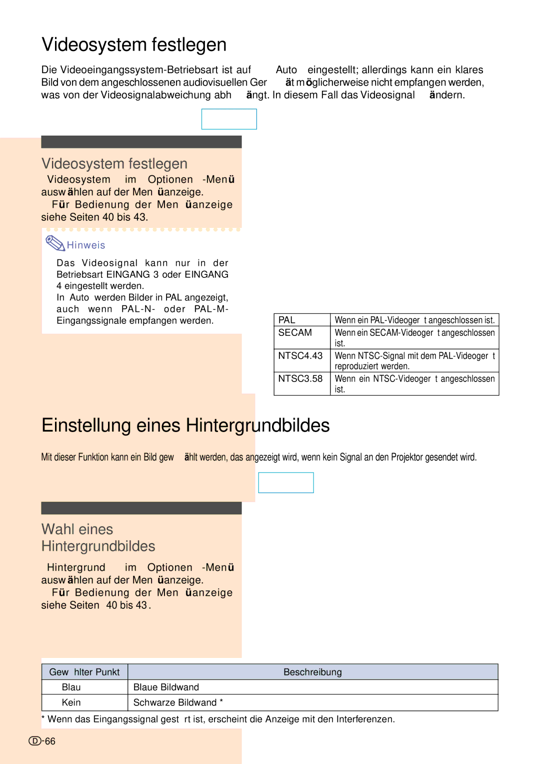 Sharp XV-Z10000 operation manual Videosystem festlegen, Einstellung eines Hintergrundbildes, Wahl eines Hintergrundbildes 