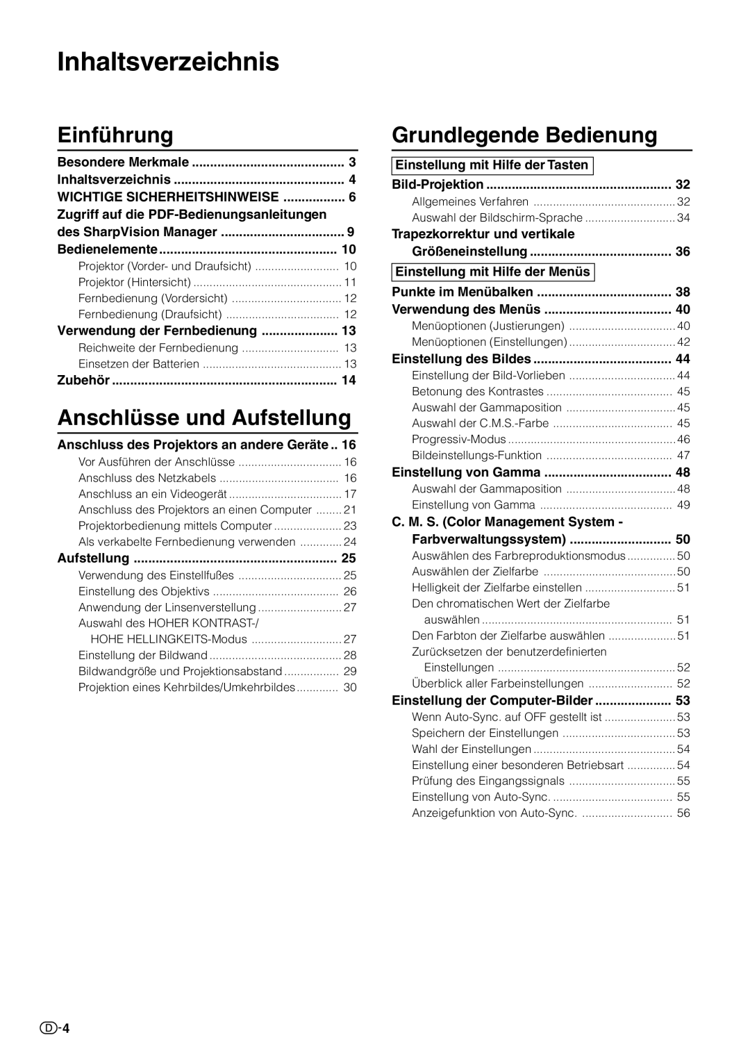 Sharp XV-Z10000 operation manual Inhaltsverzeichnis 