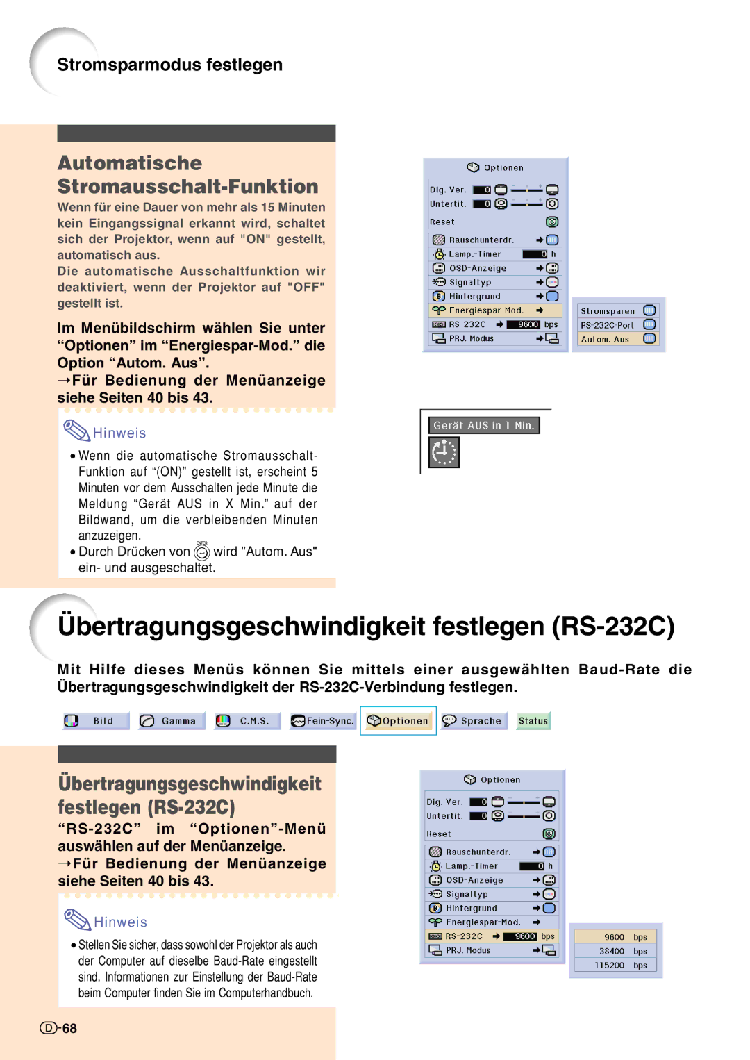 Sharp XV-Z10000 operation manual Übertragungsgeschwindigkeit festlegen RS-232C, Automatische Stromausschalt-Funktion 