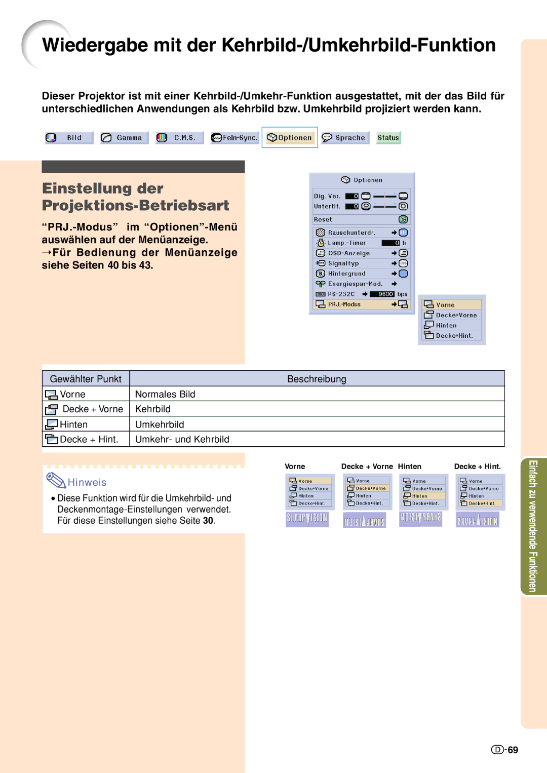 Sharp XV-Z10000 operation manual Wiedergabe mit der Kehrbild-/Umkehrbild-Funktion, Einstellung der Projektions-Betriebsart 