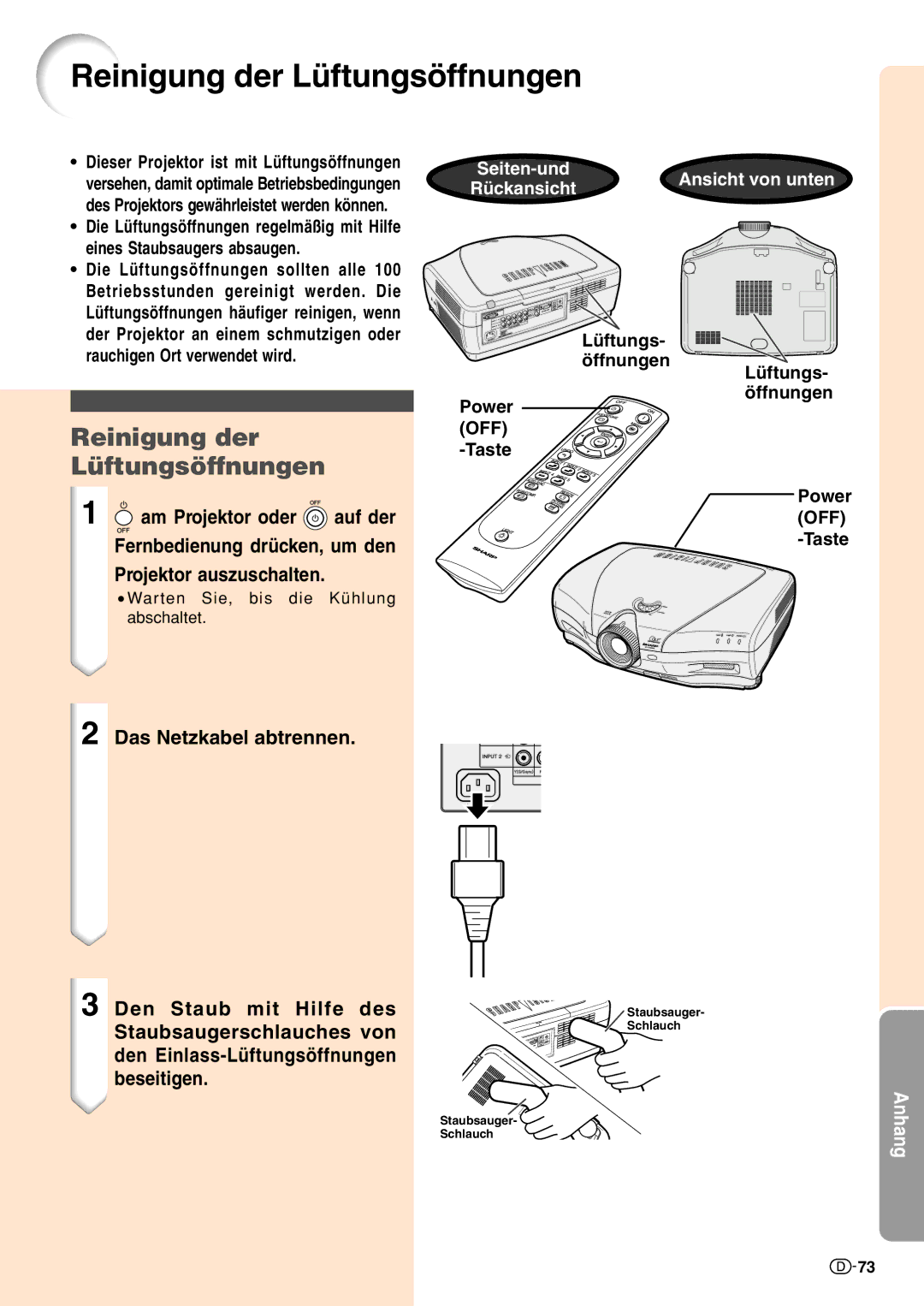 Sharp XV-Z10000 operation manual Reinigung der Lüftungsöffnungen 