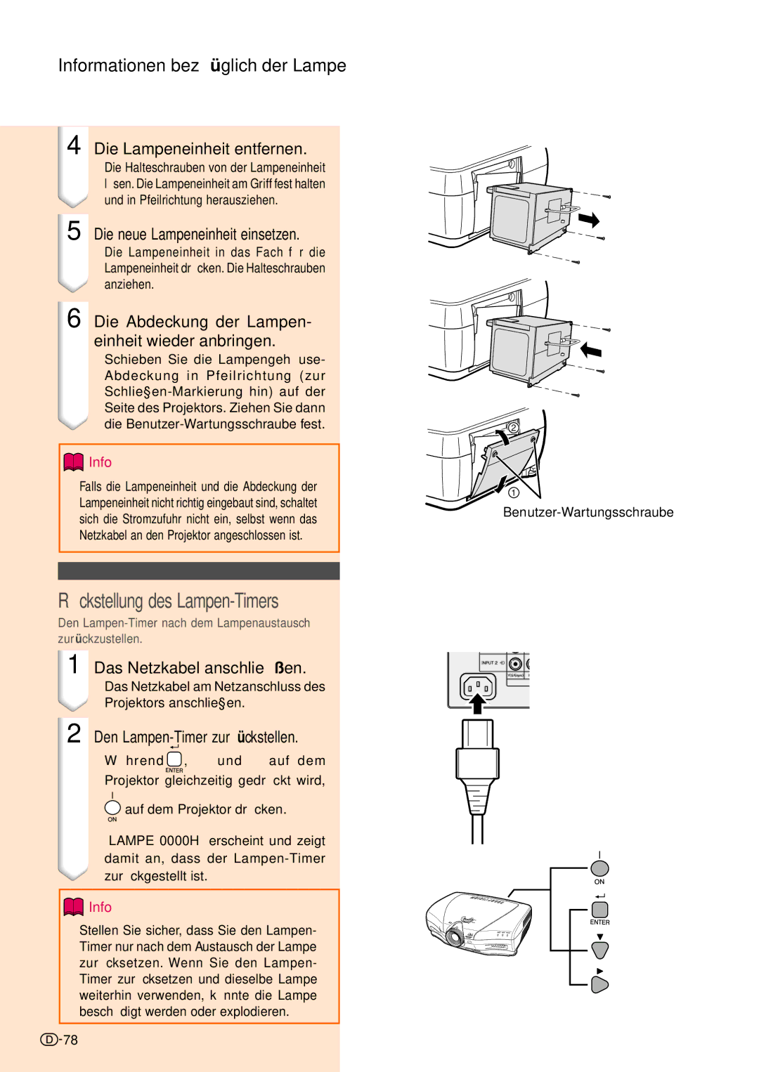 Sharp XV-Z10000 operation manual Rückstellung des Lampen-Timers, Das Netzkabel am Netzanschluss des Projektors anschließen 