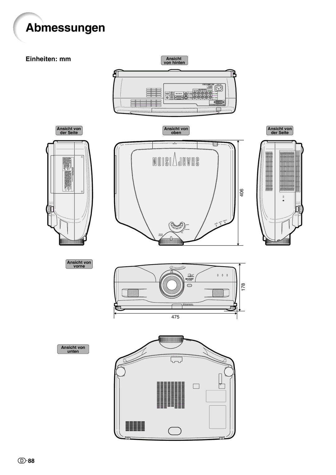 Sharp XV-Z10000 operation manual Abmessungen, Einheiten mm 