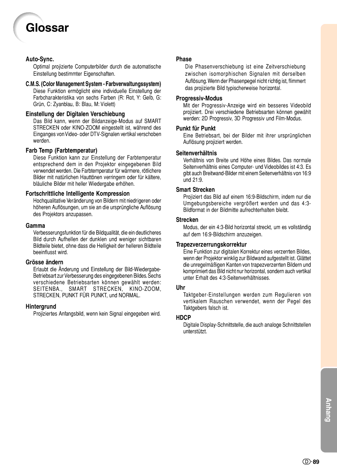 Sharp XV-Z10000 operation manual Glossar 