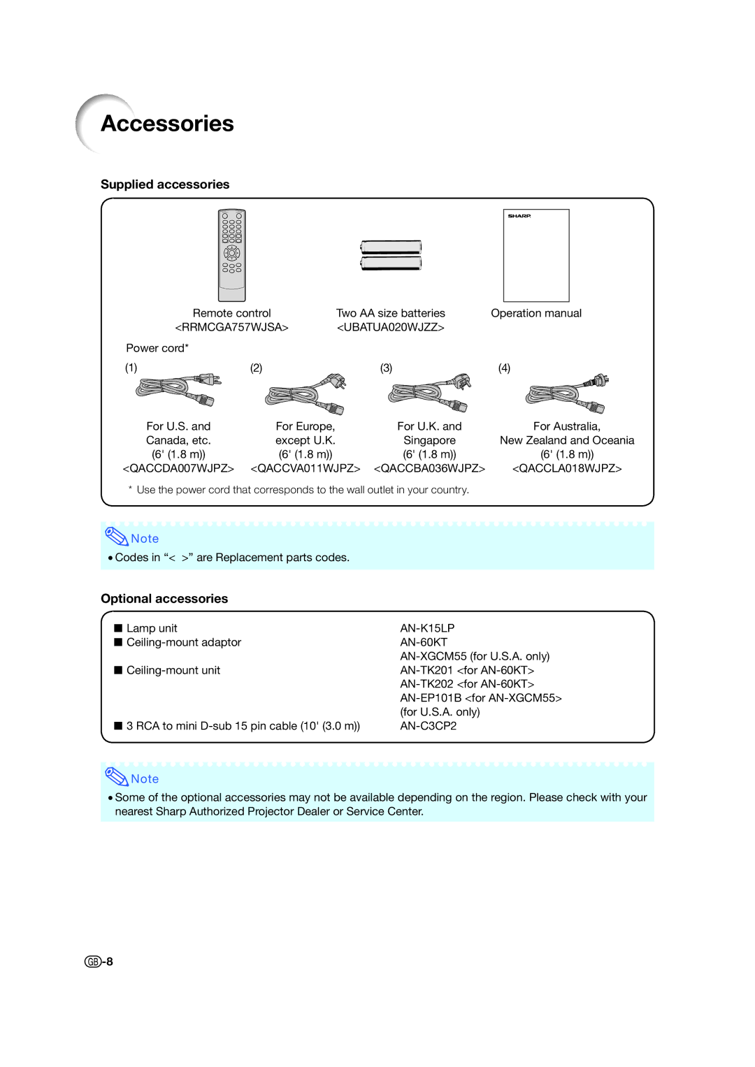 Sharp XV-Z15000 operation manual Accessories, Supplied accessories, Optional accessories 