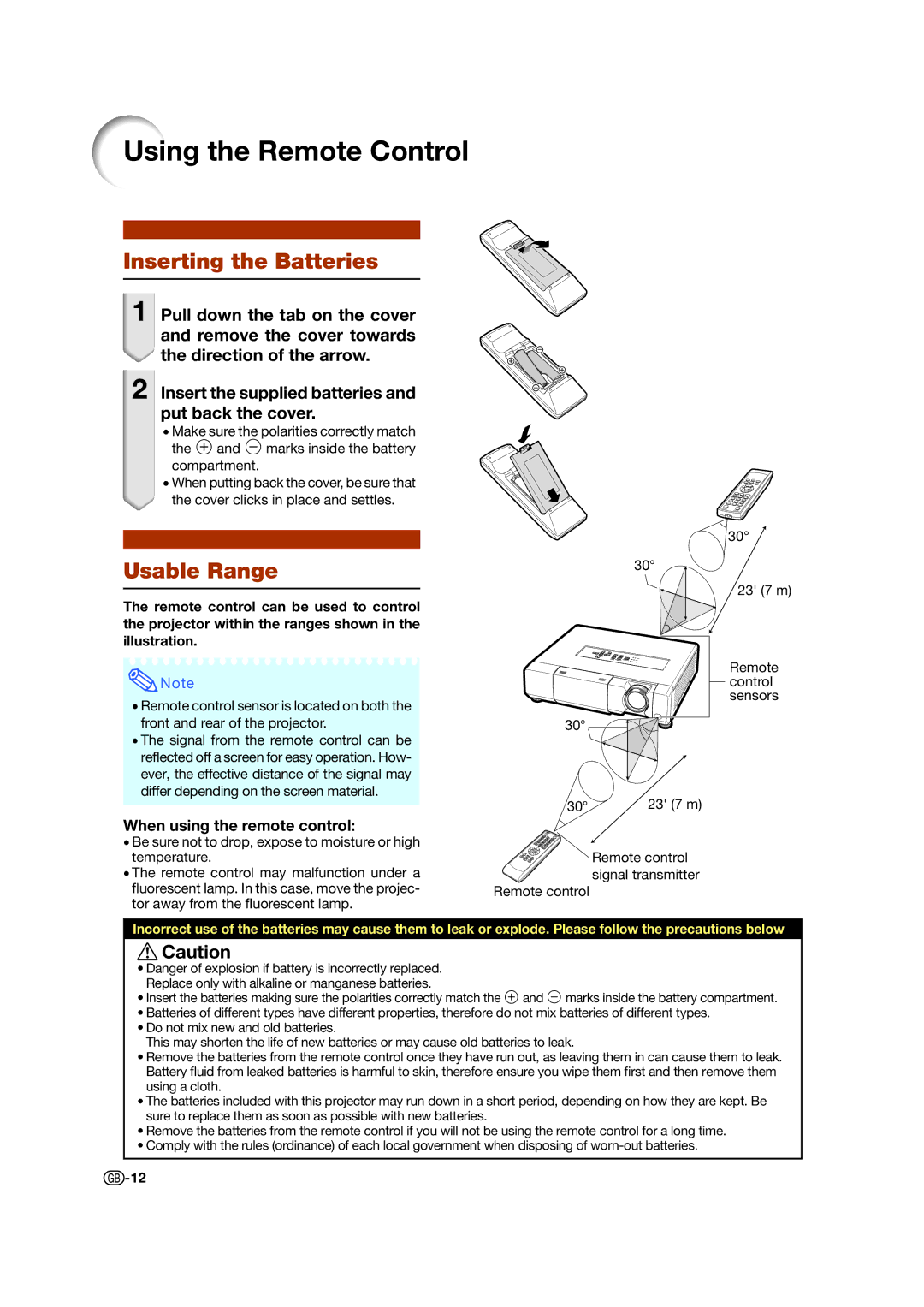 Sharp XV-Z15000 Using the Remote Control, Inserting the Batteries, Usable Range, When using the remote control 