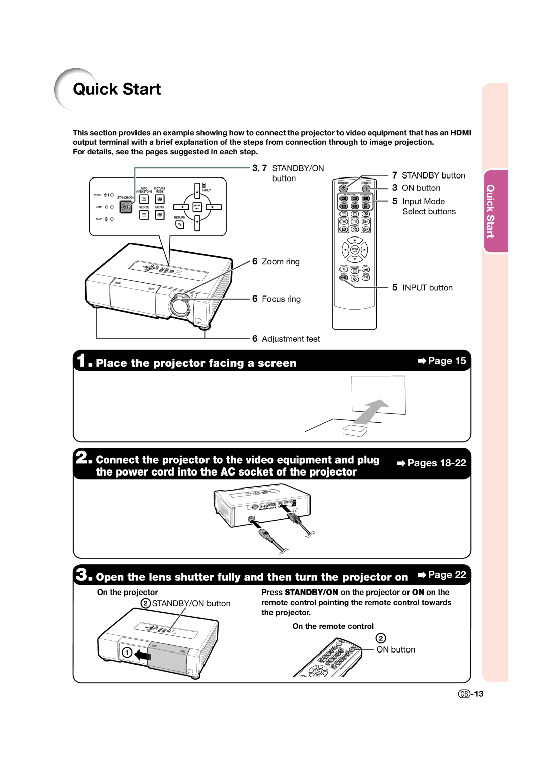 Sharp XV-Z15000 operation manual Quick Start, Place the projector facing a screen 