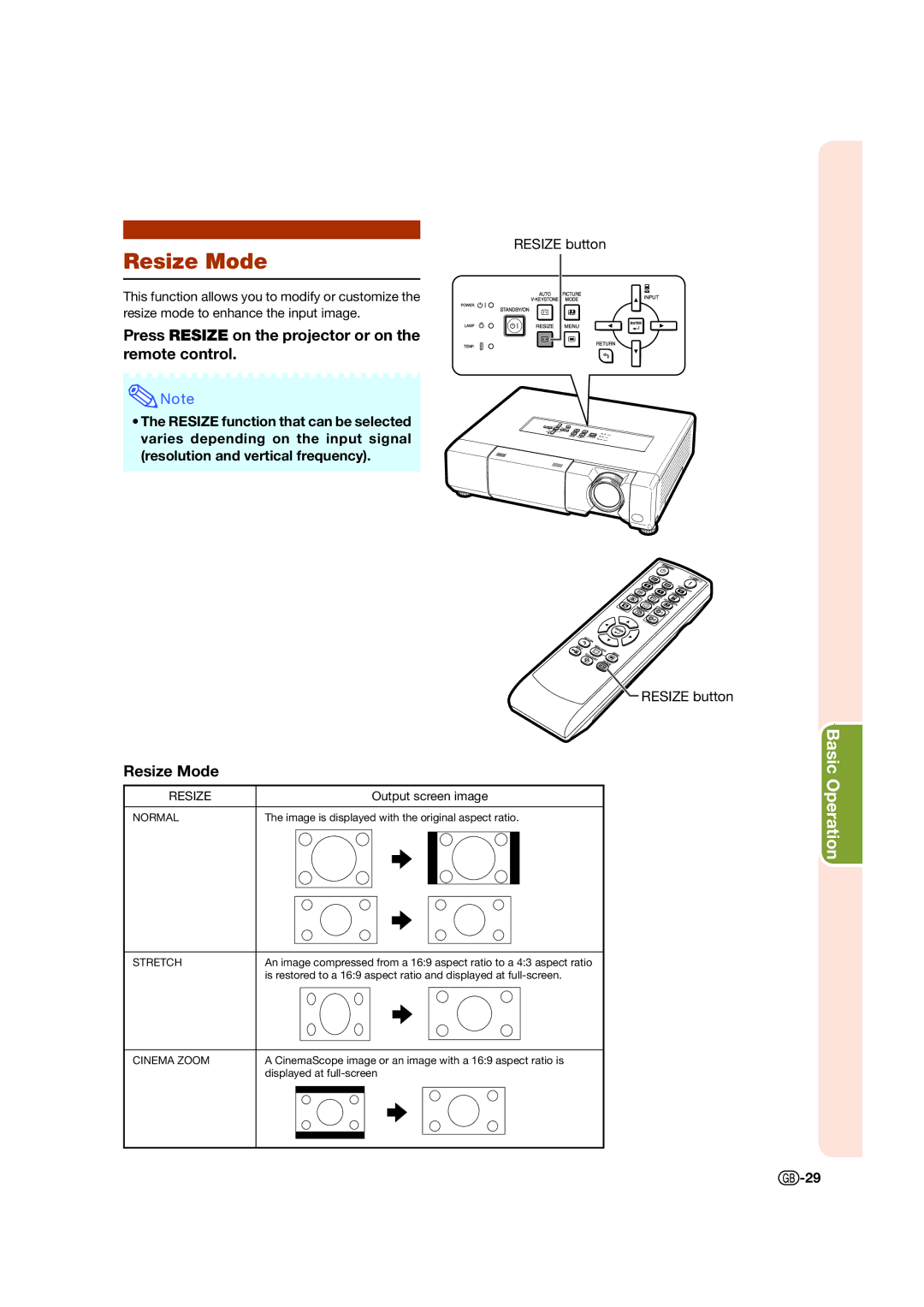 Sharp XV-Z15000 operation manual Resize Mode, Press Resize on the projector or on the remote control, Resize button 