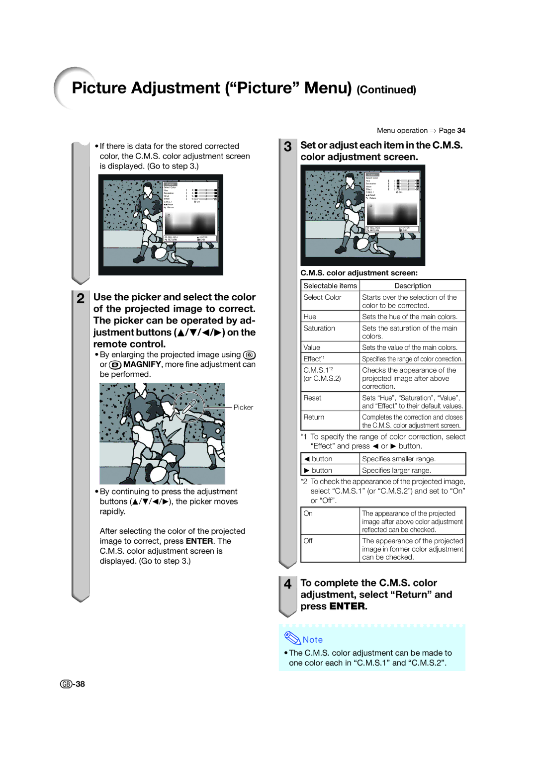 Sharp XV-Z15000 operation manual S. color adjustment screen 