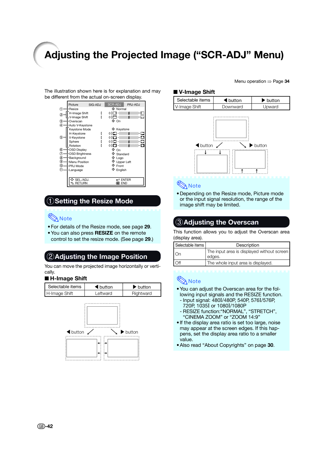 Sharp XV-Z15000 Adjusting the Projected Image SCR-ADJ Menu, 1Setting the Resize Mode, 2Adjusting the Image Position 